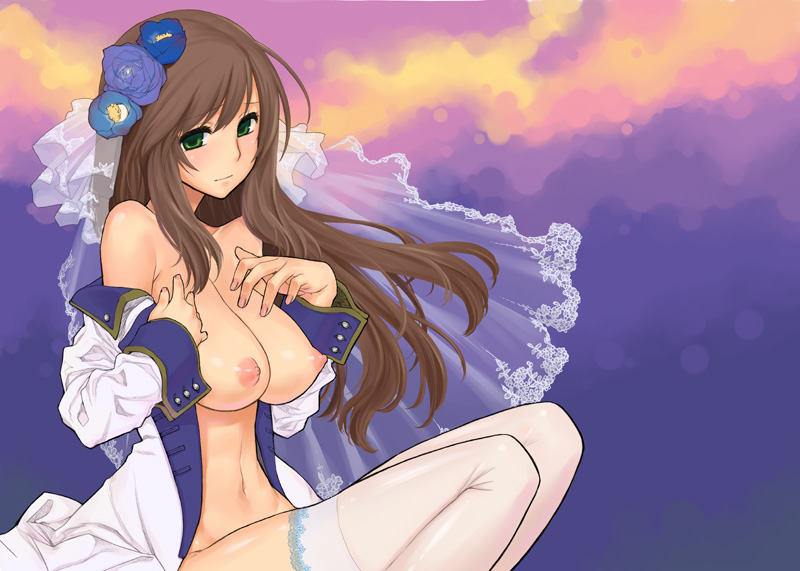 1girls axis_powers_hetalia bare_shoulders blush breasts brown_hair elizaveta_hedervary female fingernails flower green_eyes hair_flower hair_ornament hands hungary_(hetalia) kome_(vm500) large_breasts long_hair nail_polish nipples no_bra no_panties off_shoulder open_clothes open_shirt perky_breasts puffy_nipples shirt solo thighhighs undressing veil white_legwear white_thighhighs