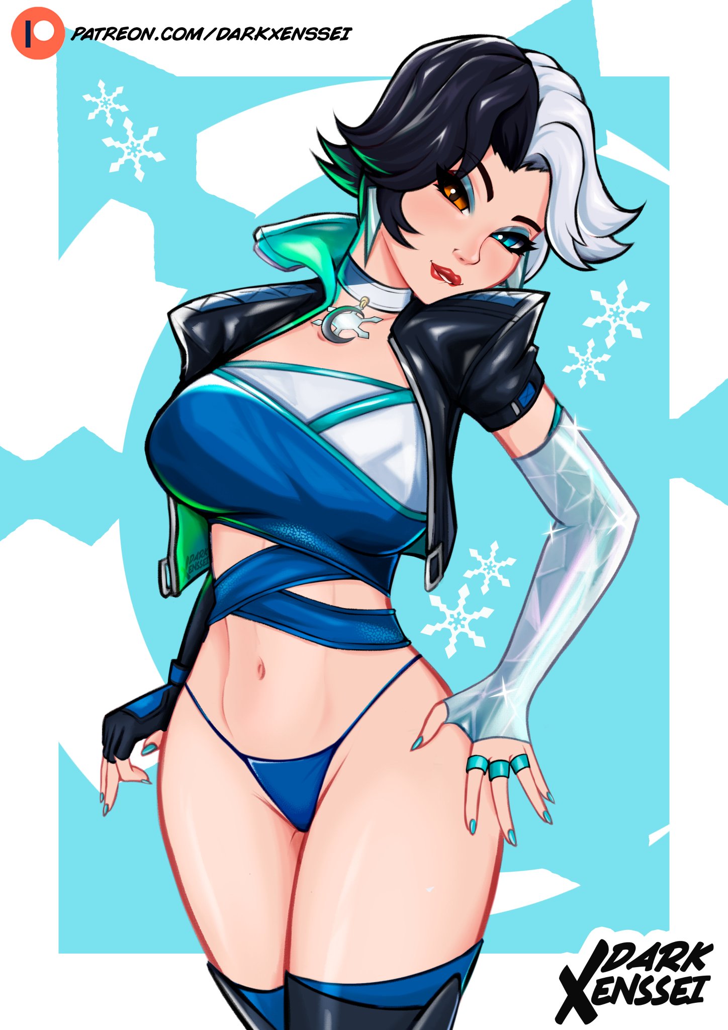 1girls, blue underwear, darkxenssei, luna snow, luna snow (marvel rivals), marvel, marvel comics, marvel rivals, multicolored eyes, multicolored hair, short hair, thighs, underwear