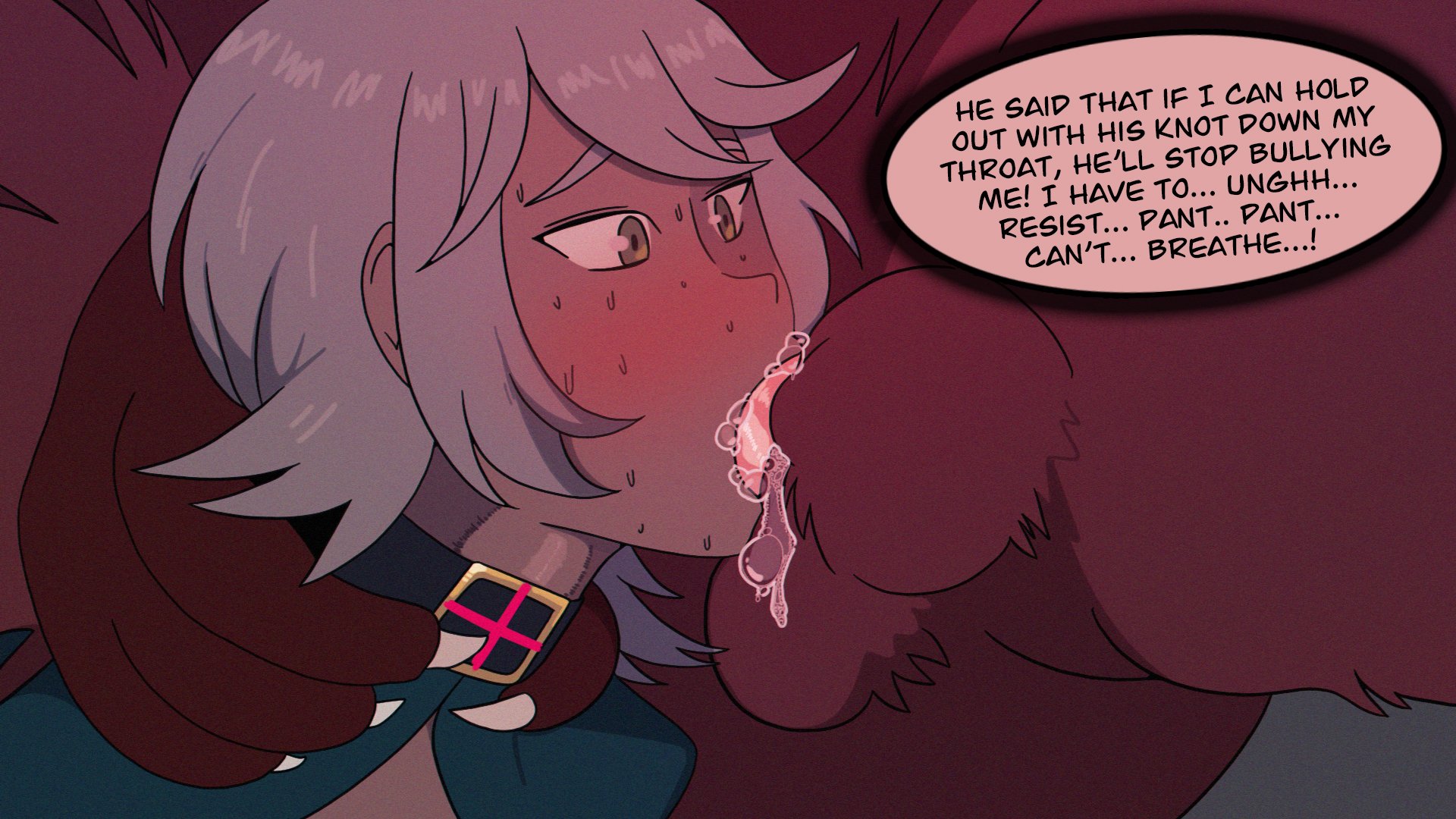 2boys, animal penis, anthro, anthro on human, artificial blood, balls, blowjob, blush, deepthroat, dialogue, eadric (artificial blood), english text, fellatio, forced oral, fur, grey hair, hasselnut, heavy blush, hi res, human, male, male only, male/male, marshall (artificial blood), oral, oral knotting, original, penis, red fur, sweat, thought bubble, werewolf, wolfgang bang, yaoi