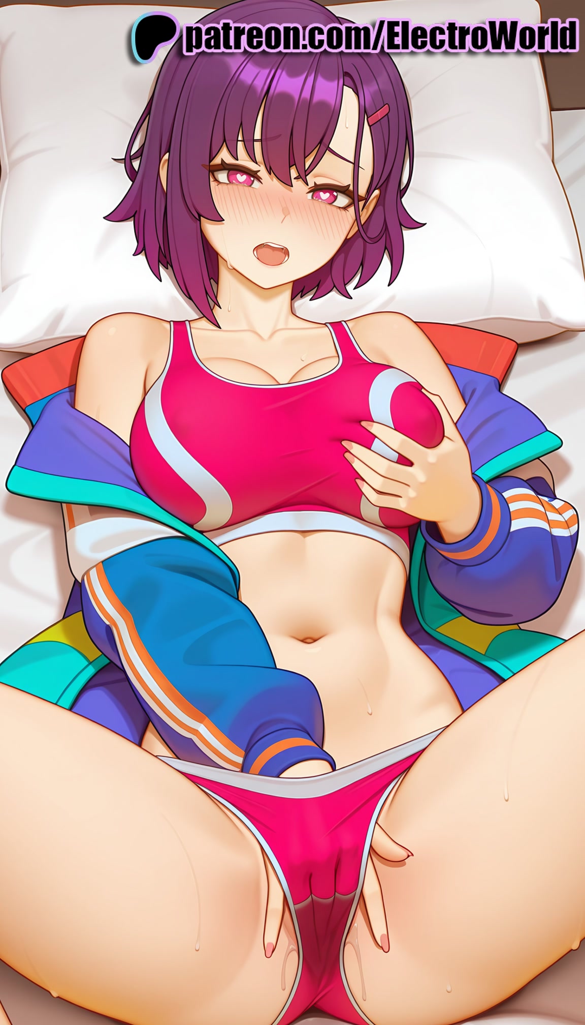 1girls, 2025, ai generated, artist name, bare shoulders, bed, blush, breasts, bust, chest, electroworld, female, fingering, hair ornament, hairclip, hi res, high quality, high resolution, highres, jacket, laying down, legs apart, legs spread, lying, lying on back, masturbation, mikazuki shizuka, navel, on back, on bed, open legs, open mouth, panties, patreon, patreon username, pillow, purple hair, purple-haired female, self fondle, short hair, solo, splayed legs, spread legs, stable diffusion, sweat, underwear, watermark, zom 100: zombie ni naru made ni shitai 100 no koto