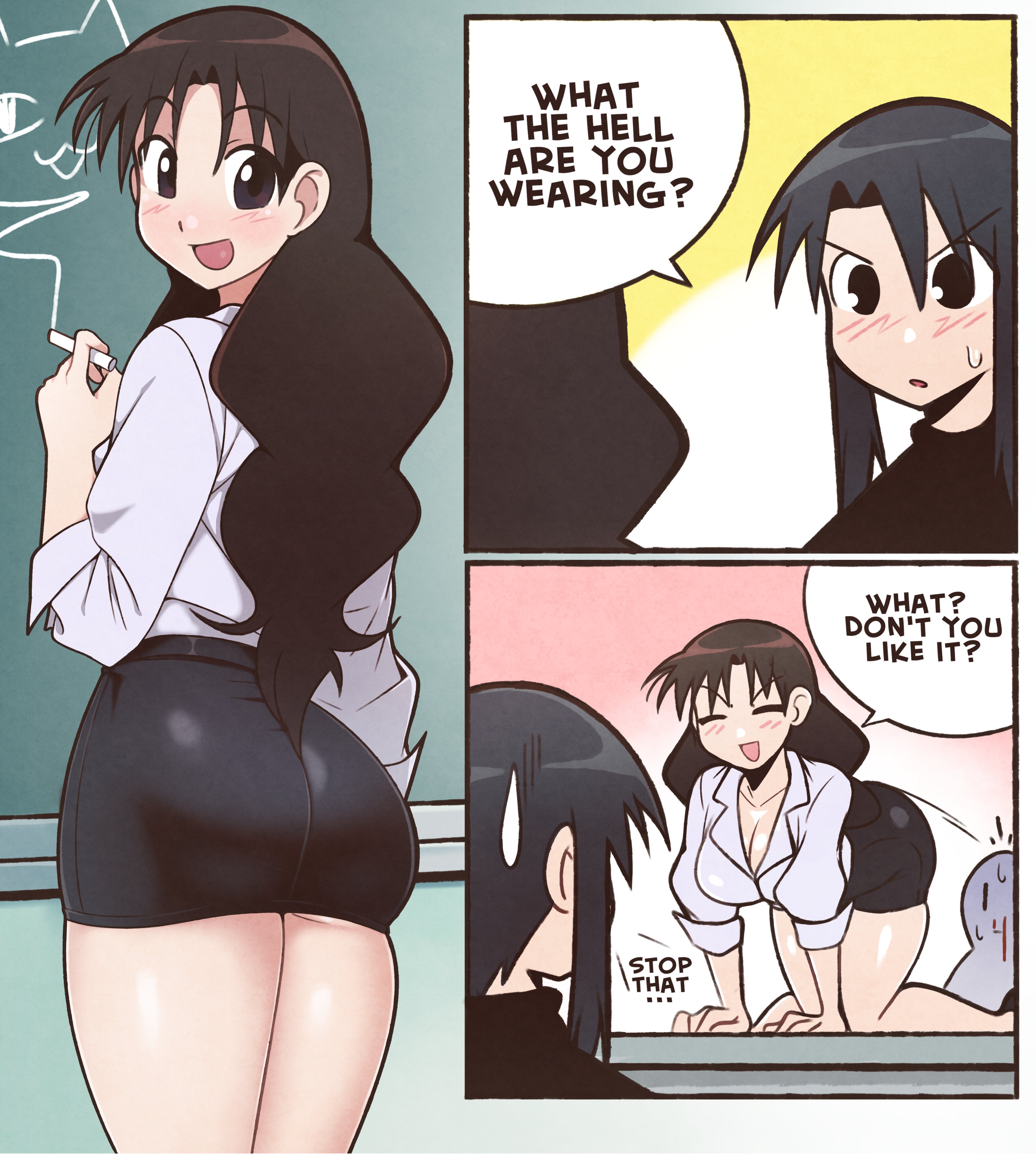 1other, 2girls, 3koma, absurdres, all fours, alternate costume, ass, azumanga daiou, black shirt, black skirt, blush, breasts, brown hair, chalk, chalkboard, cleavage, closed eyes, comic, commentary, desk, embarrassed, english text, feet out of frame, female, female focus, grey shirt, highres, holding, holding chalk, hot teacher, jeffmiga, kurosawa minamo, large breasts, long hair, looking at another, looking at viewer, looking back, miniskirt, multiple girls, nyamo minamo kurosawa, on desk, open mouth, shirt, skirt, smile, speech bubble, sweat, text, tight clothing, tight skirt, yukari tanizaki