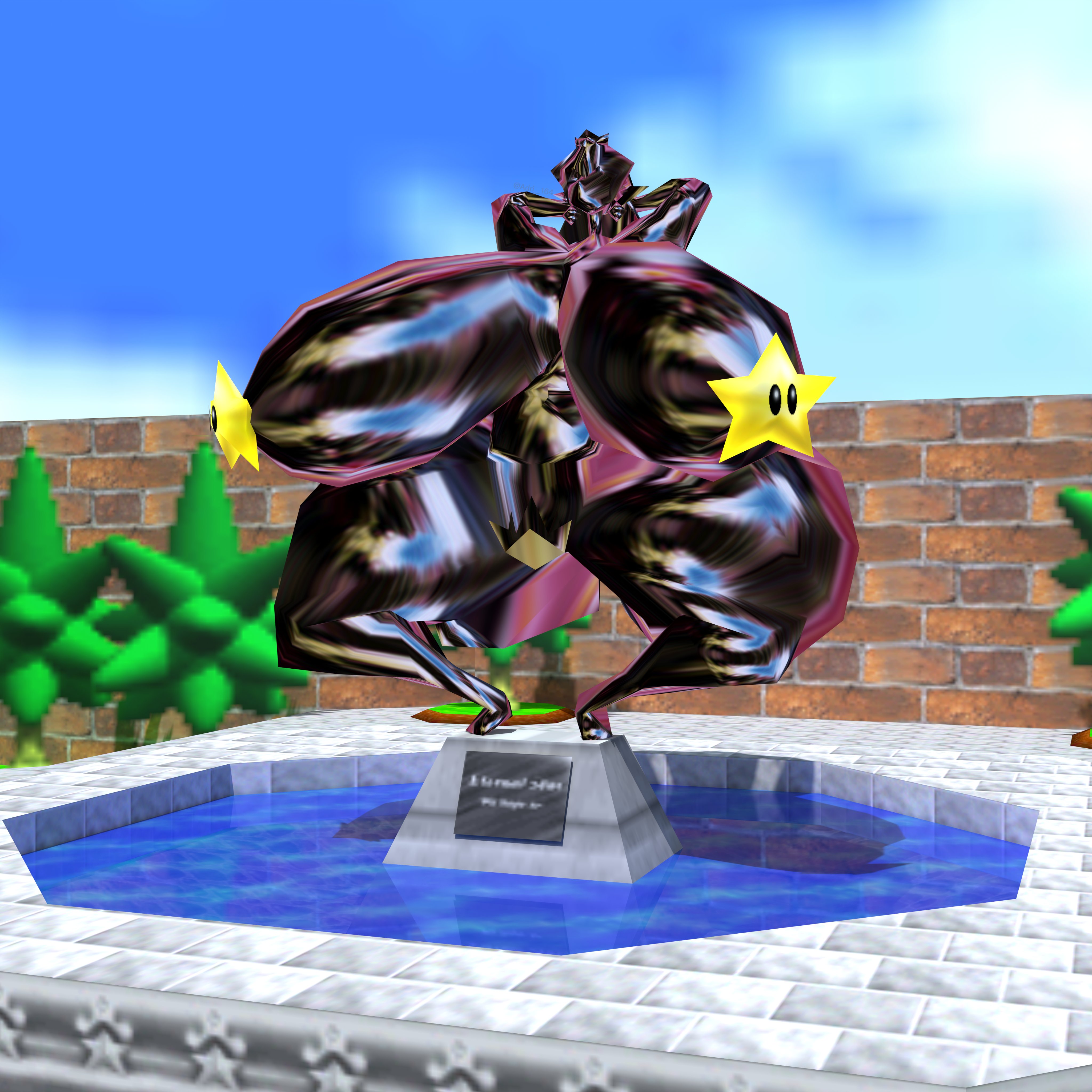 1girls, acting, adri164, arms behind head, crown, curvaceous, curvaceous female, fountain, hyper, hyper breasts, l is real 2401, low poly peach, mario (series), massive breasts, massive thighs, metallic body, naked, nintendo, nintendo 64, petrification, power up, princess peach, princess peach (cyanu), pubic hair, shiny, shiny skin, star, star (mario bros), statue, statuefication, super mario 64, tall female, video games, voluptuous, voluptuous female