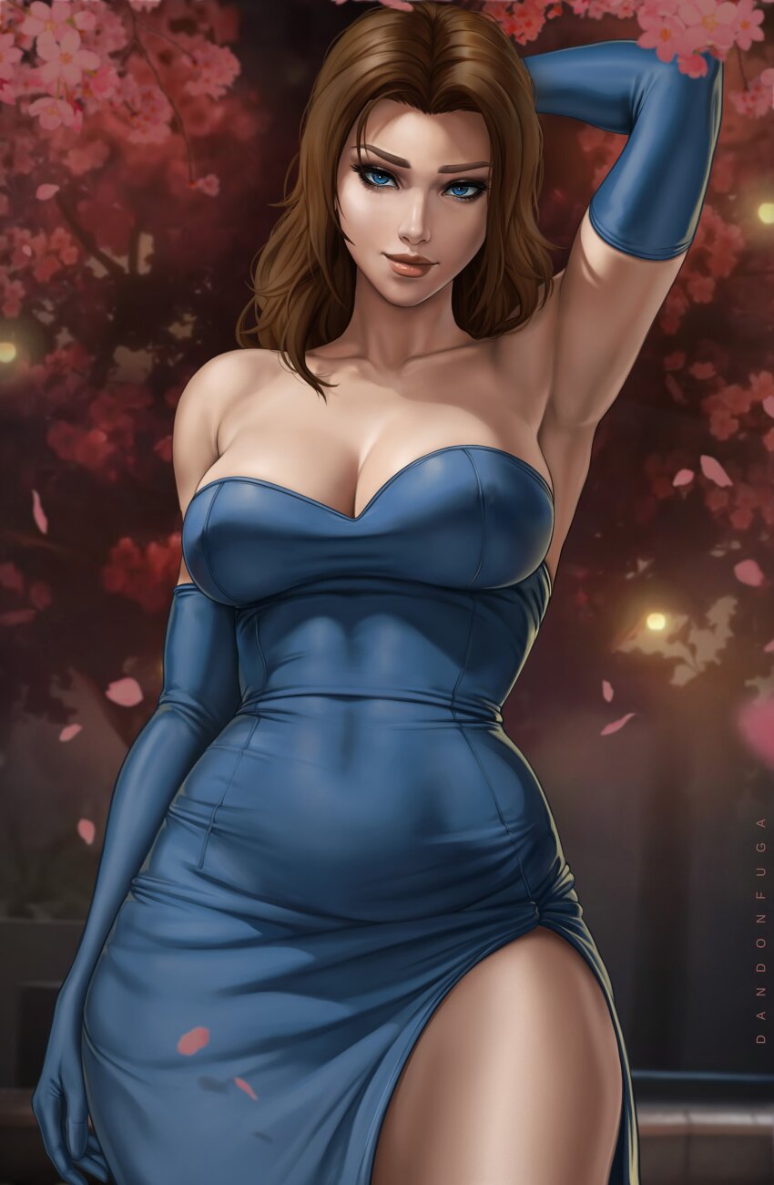 absurdres, arm behind head, armpits, blonde blazer, blue dress, blue eyes, blue gloves, breasts, brown hair, cherry blossoms, cleavage, covered navel, dandon fuga, dispatch, dispatch (game), dress, elbow gloves, female, gloves, highres, jewelry, large breasts, looking at viewer, mandy (dispatch), parted bangs, side slit, smile, solo, strapless, strapless dress, thighs, tight clothes, tight dress, toned, toned female