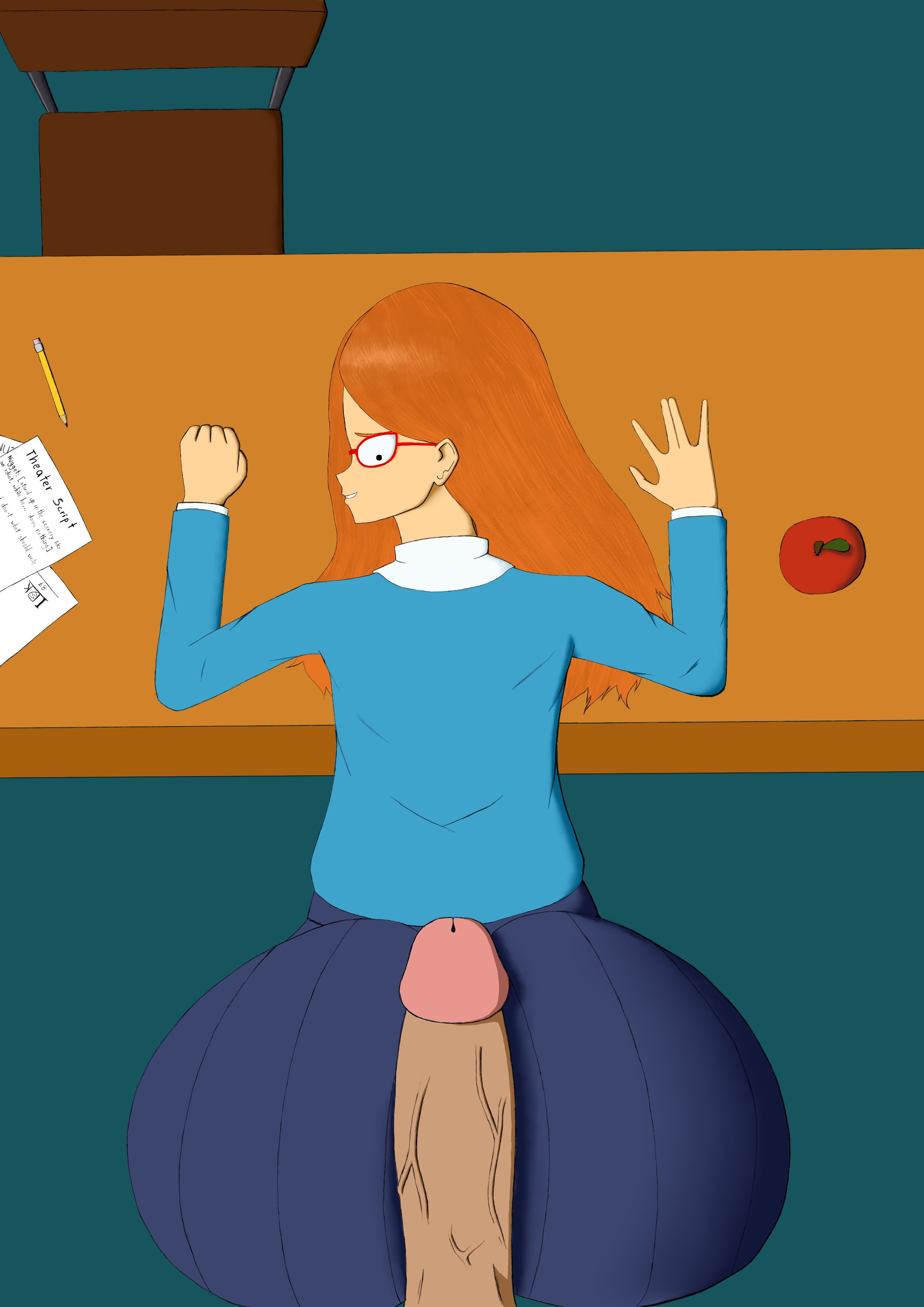 2d, ass, big butt, big cock, cock, cock between ass, desk, dressed, fat ass, kindergarten (game), kindergarten 3, looking behind, lord blackshade 87, ms. lovelett, orange hair, png, red glasses, tagme, tagme (artist), teacher