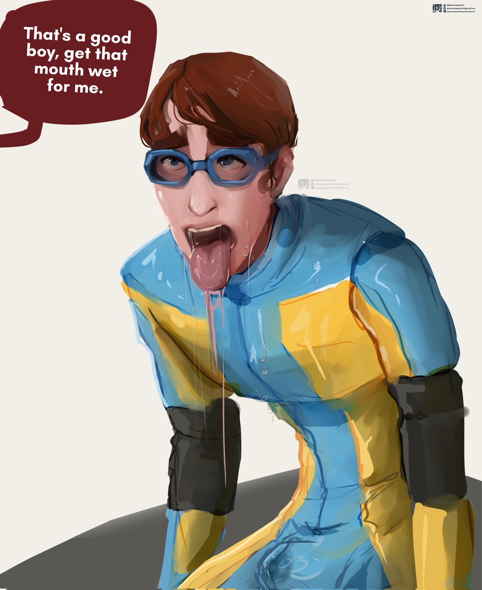 1boy, cum, cum through clothes, dispatch (game), gay, male, male only, male/male, no visible genitalia, pleasurepuppynsfw, precum, precum through clothing, skinny, solo, solo focus, tongue out, waterboy (dispatch), yaoi
