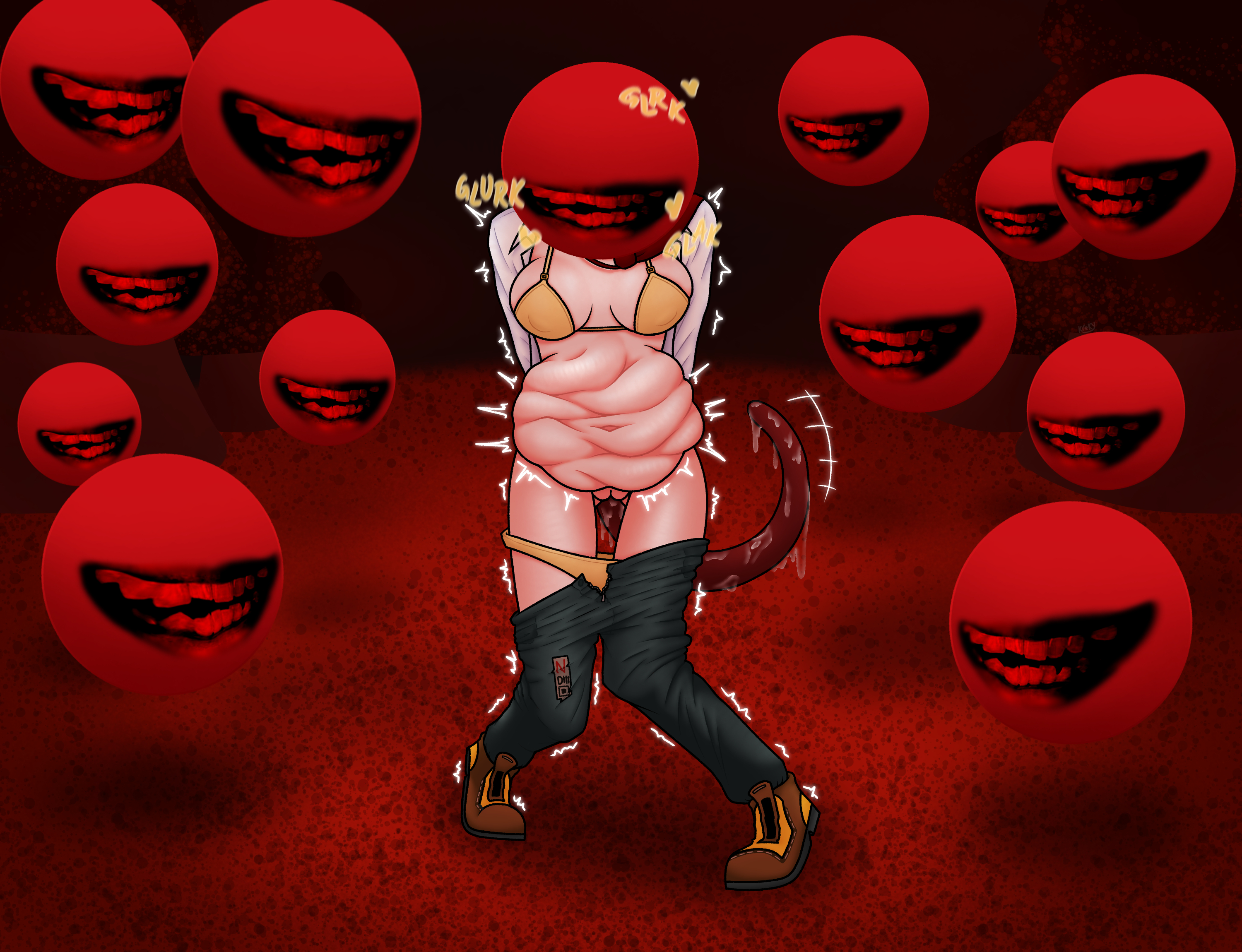 1girls, all the way through, all the way to the base, bra, captured, captured female, caught, corruption, deepthroat, deepthroat no hands, don quixote (limbus company), female, female only, half naked, head capture, infestation, intestinal bulge, kreky, limbus company, monster, nightmare fuel, pants down, prey, project moon, shaking, stomach bulge, struggling, tail, tentacle, tentacle in mouth, yellow bra