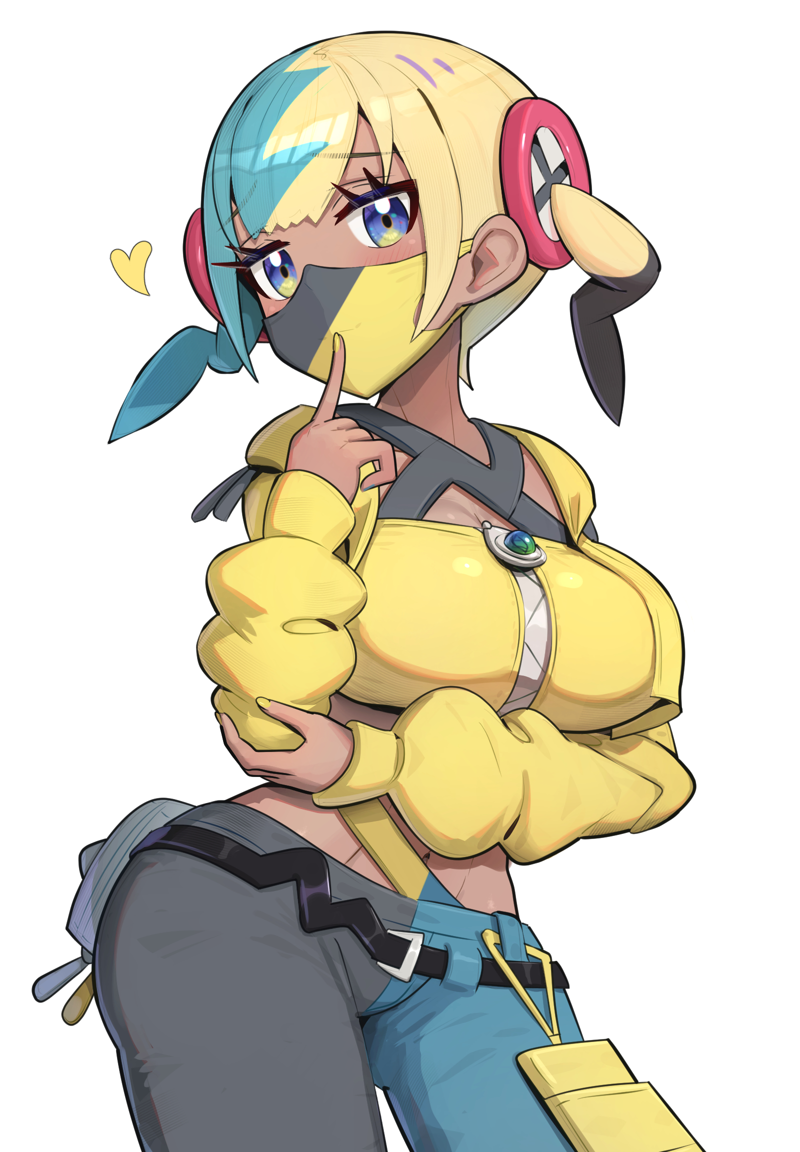 1girls, big breasts, blue nails, breasts, canari (pokemon), canary (pokemon), clothed, female, female only, gonzarez, highres, large breasts, nail polish, nintendo, pokemon, pokemon legends: z-a, sfw, simple background, solo, streetwear, white background, yellow nails