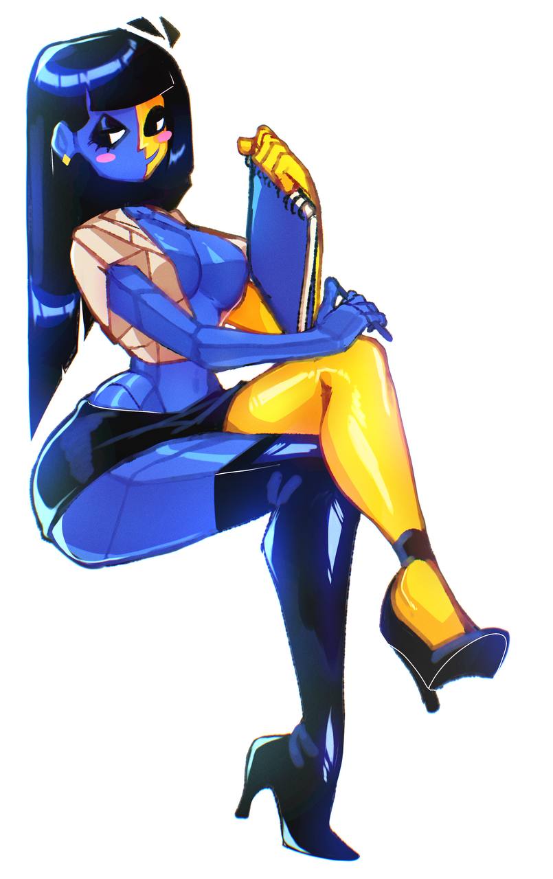1girls, 2025, ass, big ass, big breasts, black eyes, black hair, blue skin, chinesename228, dress shirt, ena, ena (orginal), ena (series), heels, joel g, office lady, peruvian female, short hair, skirt, smile, solo, solo female, thick thighs