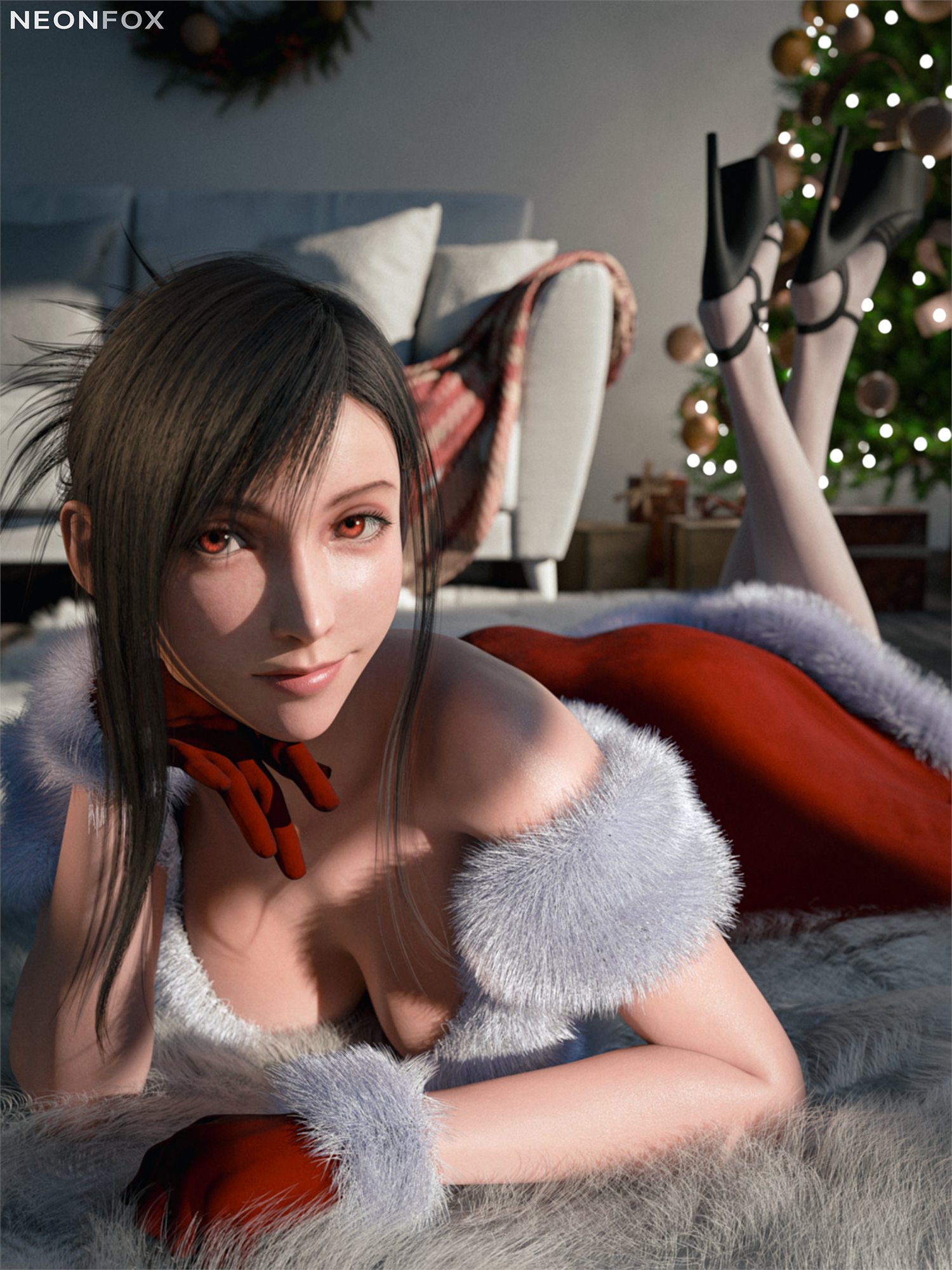 1girls, 2025, 3d, ankle strap heels, black hair, black high heels, breasts, christmas, christmas background, christmas dress, christmas outfit, christmas tree, cleavage, feet crossed, female, female only, final fantasy, final fantasy vii, final fantasy vii remake, front view, fur-trimmed dress, fur-trimmed gloves, gloves, high heels, indoors, laying down, laying on ground, lipstick, long hair, looking at viewer, medium breasts, neonfox3d, official alternate hairstyle, pink eyes, platform heels, red dress, smile, solo, stilletos, the pose, tied hair, tifa lockhart, very high heels