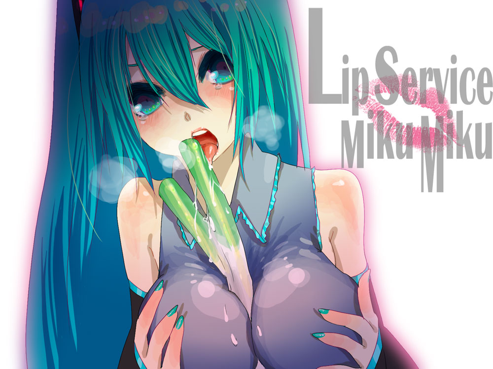 1girls artist_request bare_shoulders blue_eyes blue_hair blue_nails collared_shirt crying crying_with_eyes_open detailed_background english_text female female_only grey_shirt hatsune_miku leek light-skinned_female light_skin long_hair looking_at_viewer nails open_mouth sexually_suggestive shirt simple_background sleeveless sleeveless_shirt solo tear tears text tongue tongue_out vocaloid white_background