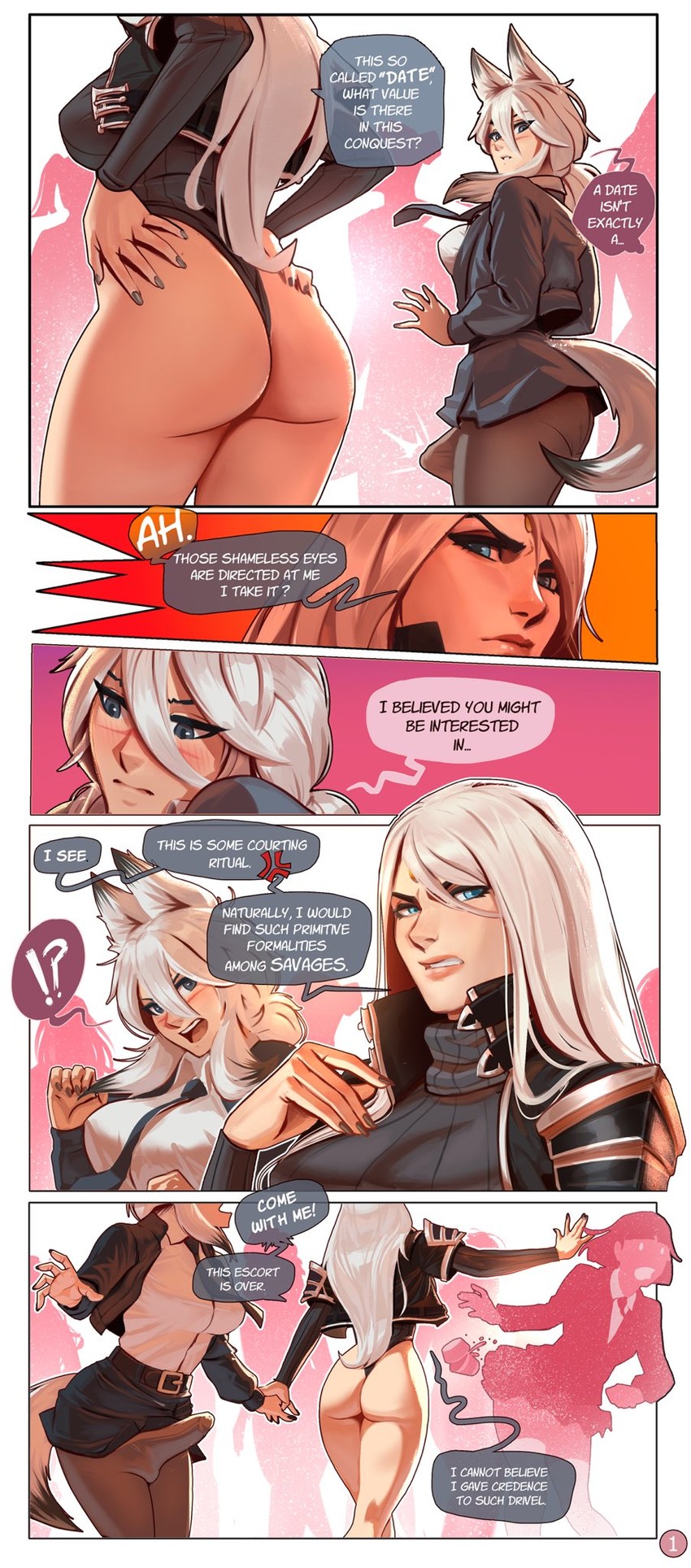 1futa, 1girls, angelise reiter, animal ears, balls, better version at source, big ass, bigaxxxe, breasts, clothed, clothing, comic, erection, erection under clothes, female, femdom, fox ears, fox tail, fully clothed, futanari, futasub, high heels, human, humanoid, kemonomimi, leather jacket, light skin, light-skinned female, light-skinned futa, metal shoes, penis, revi (clockworkvivi), skirt, standing, stepped on, stepping on penis, tenting, text, third-party source, tie, tights, white hair
