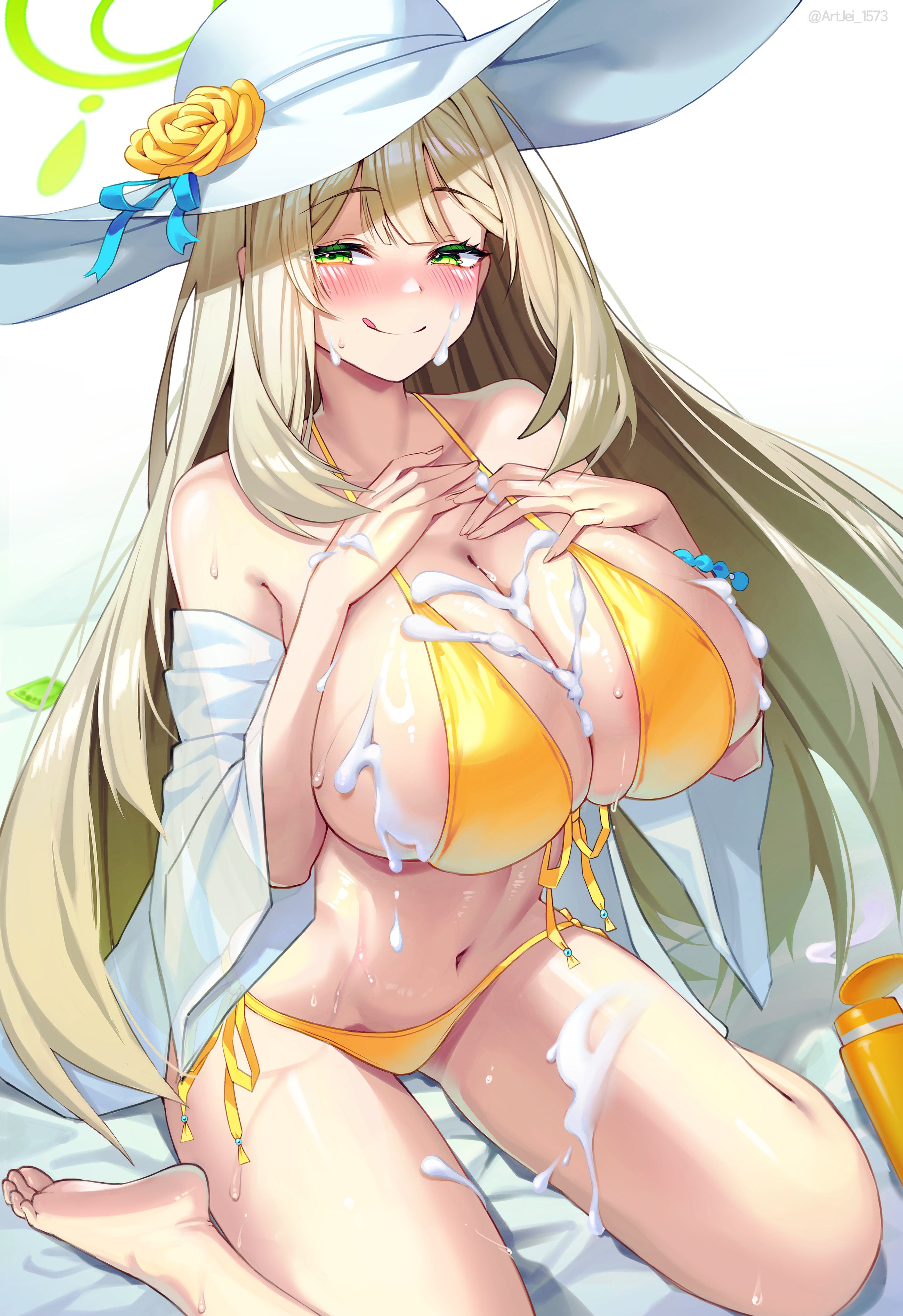 :q, 1girls, absurdres, barefoot, bikini, blue archive, blush, breasts, brown hair, cleavage, closed mouth, commentary request, condom, condom wrapper, female, female only, fingernails, flower, flower as hat, green halo, halo, hands on own chest, hat, highres, huge breasts, long hair, looking at viewer, lotion, lotion bottle, nonomi (blue archive), nonomi (swimsuit) (blue archive), official alternate costume, painter j, rose, sitting, smile, soles, suggestive fluid, swimsuit, thighs, toes, tongue, tongue out, twitter username, wariza, white hat, yellow bikini, yellow flower, yellow rose