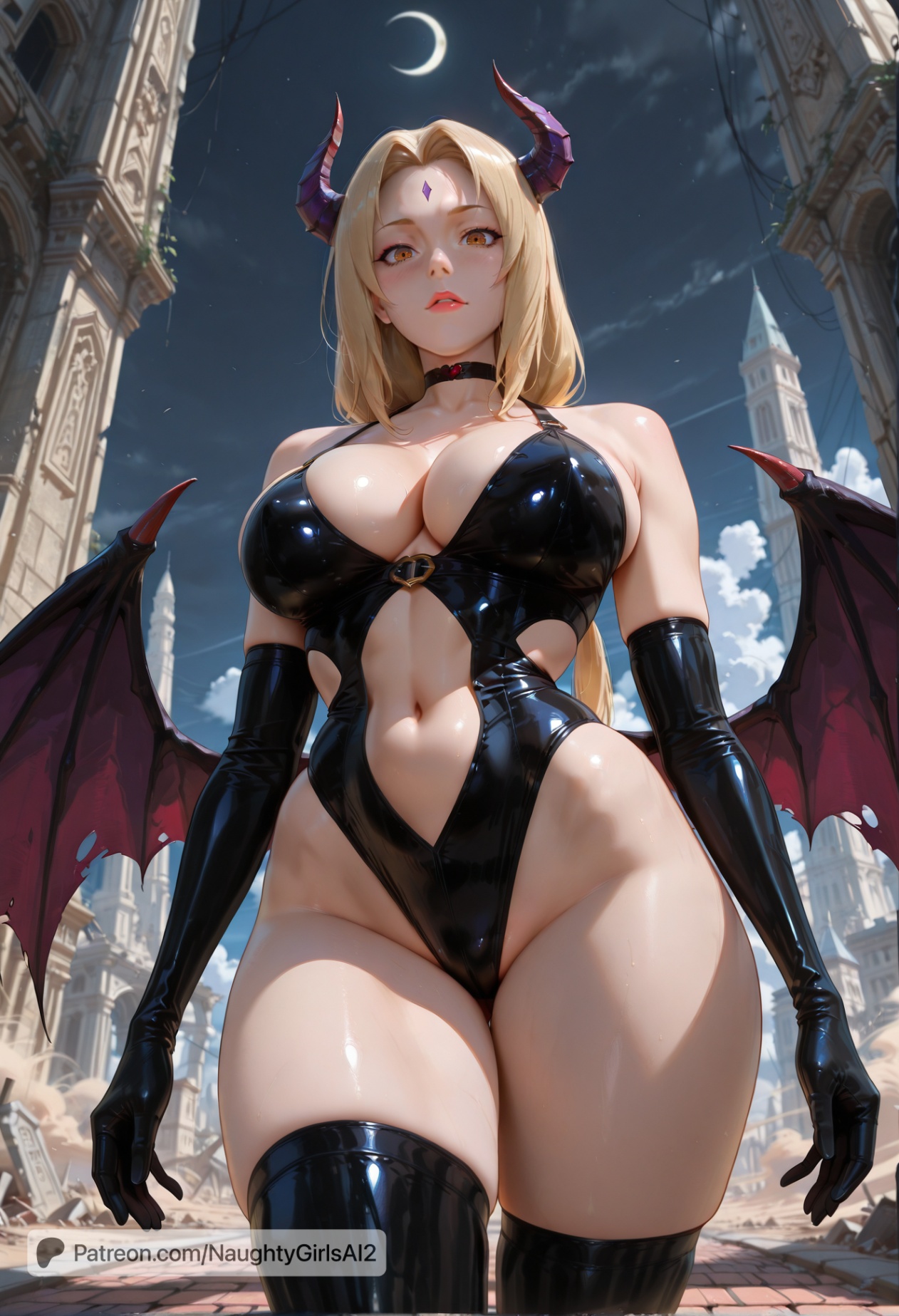 ai generated, bare shoulders, big breasts, black choker, black gloves, black leotard, black thighhighs, blonde hair, boruto: naruto next generations, breasts, choker, cleavage, clothing cutout, demon girl, demon horns, demon wings, elbow gloves, facial mark, female, forehead mark, gloves, highleg, highleg leotard, horns, huge breasts, large breasts, latex, latex gloves, latex legwear, leotard, long hair, looking at viewer, mature, mature female, milf, moon, naruto, naruto (series), naruto shippuden, naughtygirlsai, navel, navel cutout, parted lips, patreon username, sky, solo, thick thighs, thighhighs, thighs, tsunade, twintails, wings