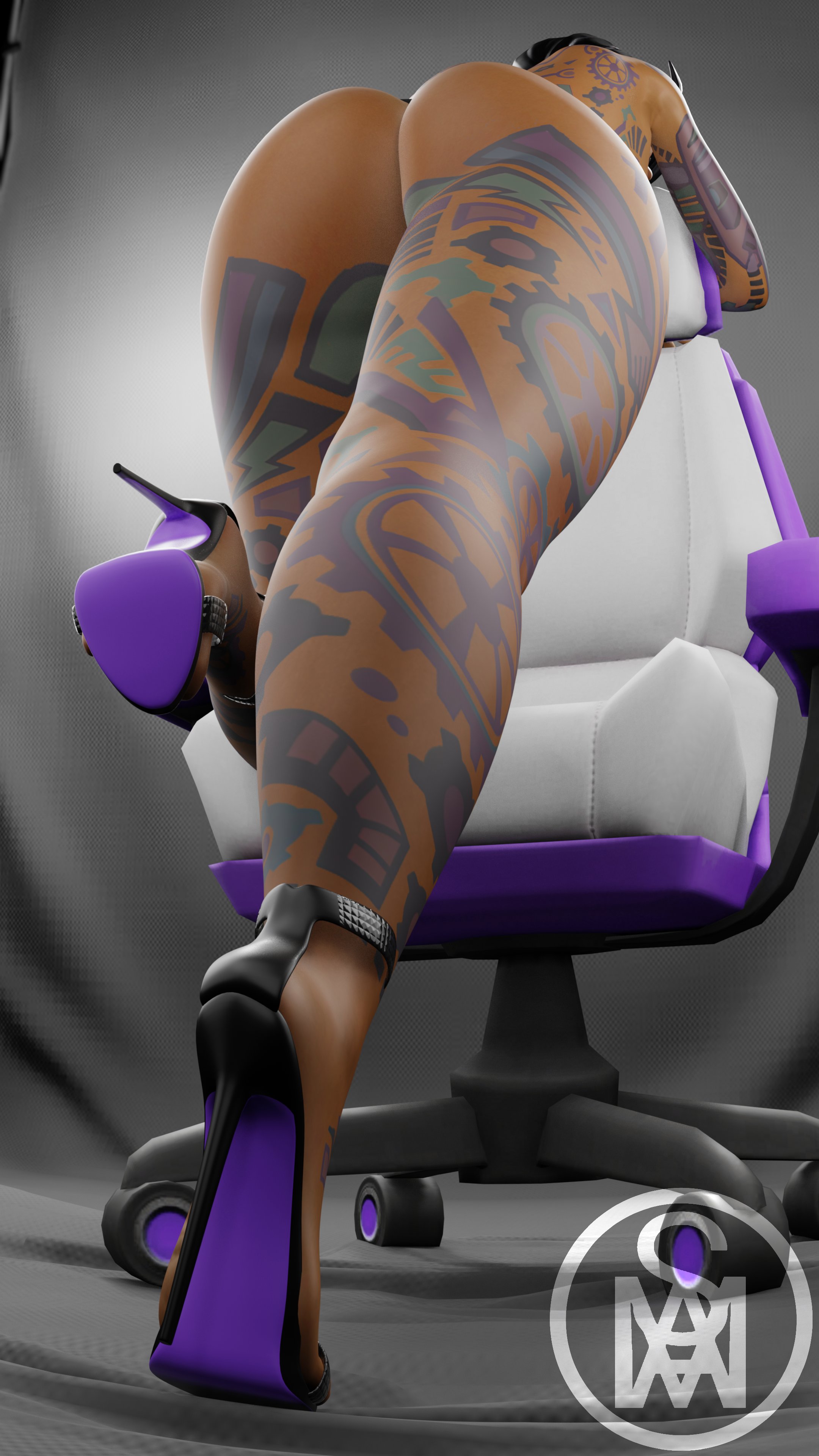 1girls, 3d, ankle strap heels, black hair, feet, feet focus, female, fortnite, heels fetish, high heels, high heels focus, jules (fortnite), middlemansfm, purple bottom heels, solo, solo female, solo focus, tattoo, tattoos, tattoos everywhere