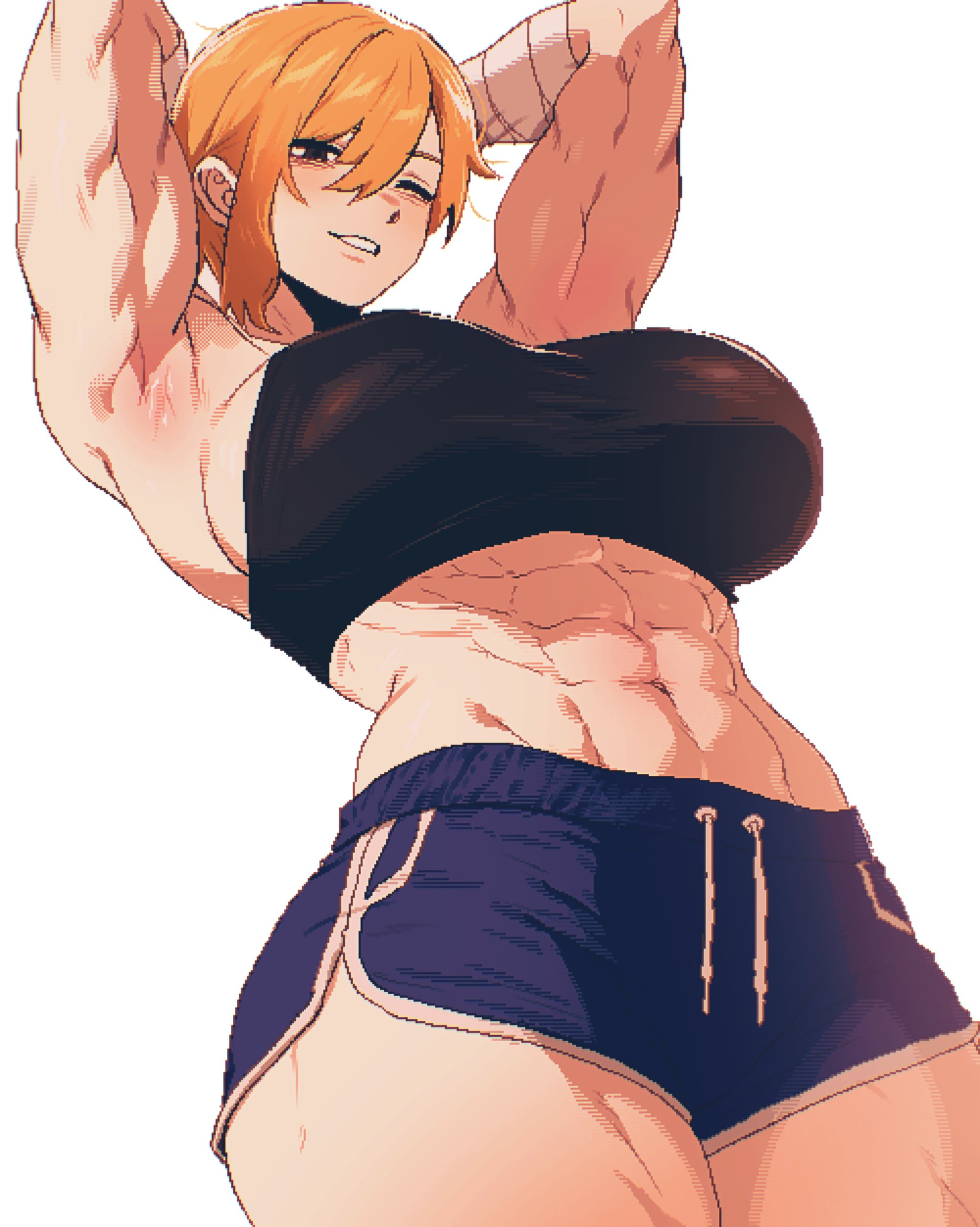 1girls, abs, absurd res, armpits, arms behind head, bell (spoiledmuffin), blonde hair, brown eyes, hi res, large breasts, midriff, muscular, muscular female, original, short hair, simple background, solo, spoiledmuffin, sports bra, sportswear, thick thighs, white background