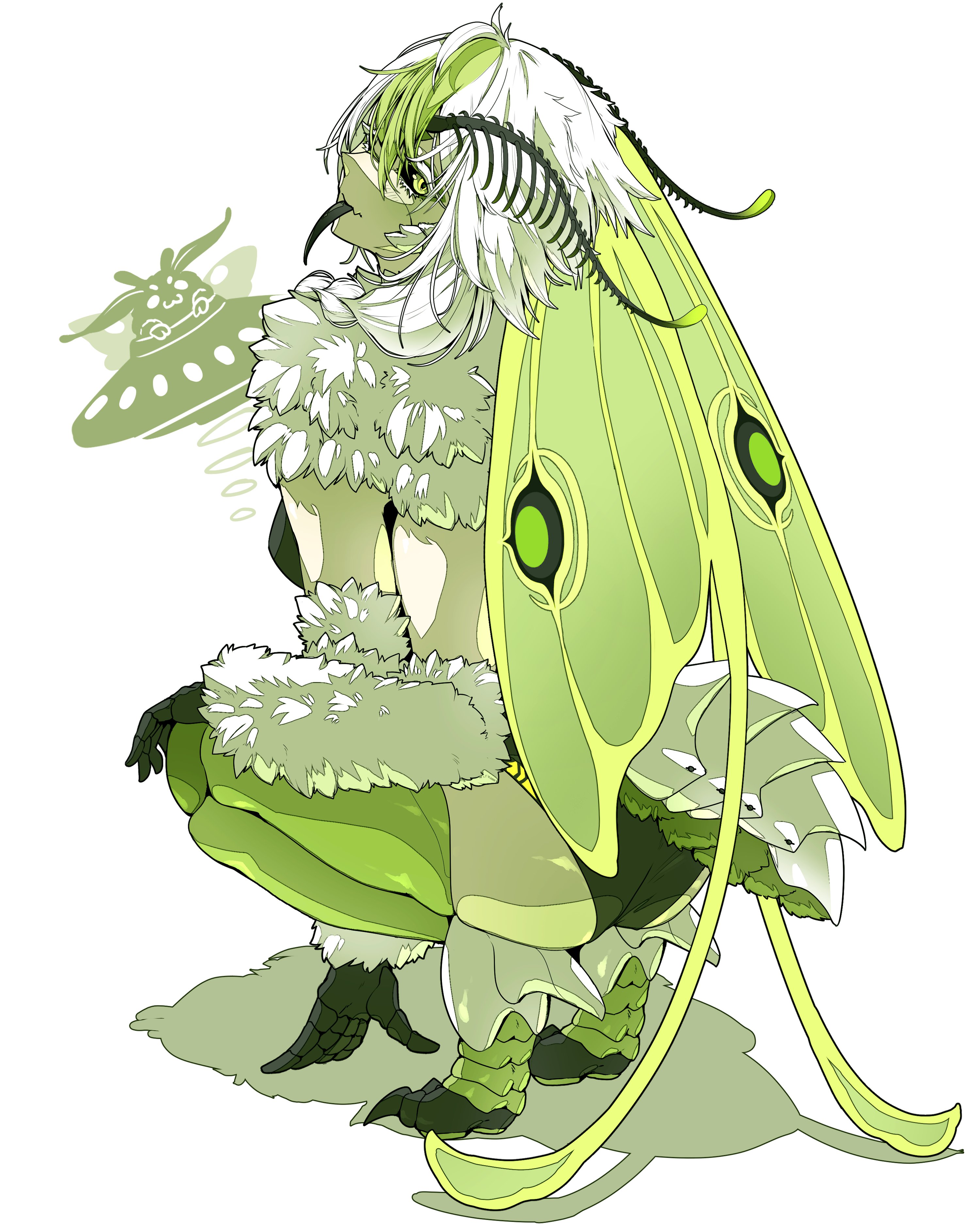 1girl, abdomen tail, antennae, arthropod girl, ass, black sclera, black tongue, colored sclera, colored skin, egocider, fur sleeves, green eyes, green hair, green skin, indie virtual youtuber, insect girl, insect humanoid, insect wings, juniper (egocider), juniper actias, looking at viewer, looking back, messy hair, monster girl, moth, moth antennae, moth girl, moth hair ornament, moth humanoid, moth wings, multicolored hair, skimpy clothes, squatting, thighs, twintails, two-tone hair, ufo, virtual youtuber, white background, white hair, wings