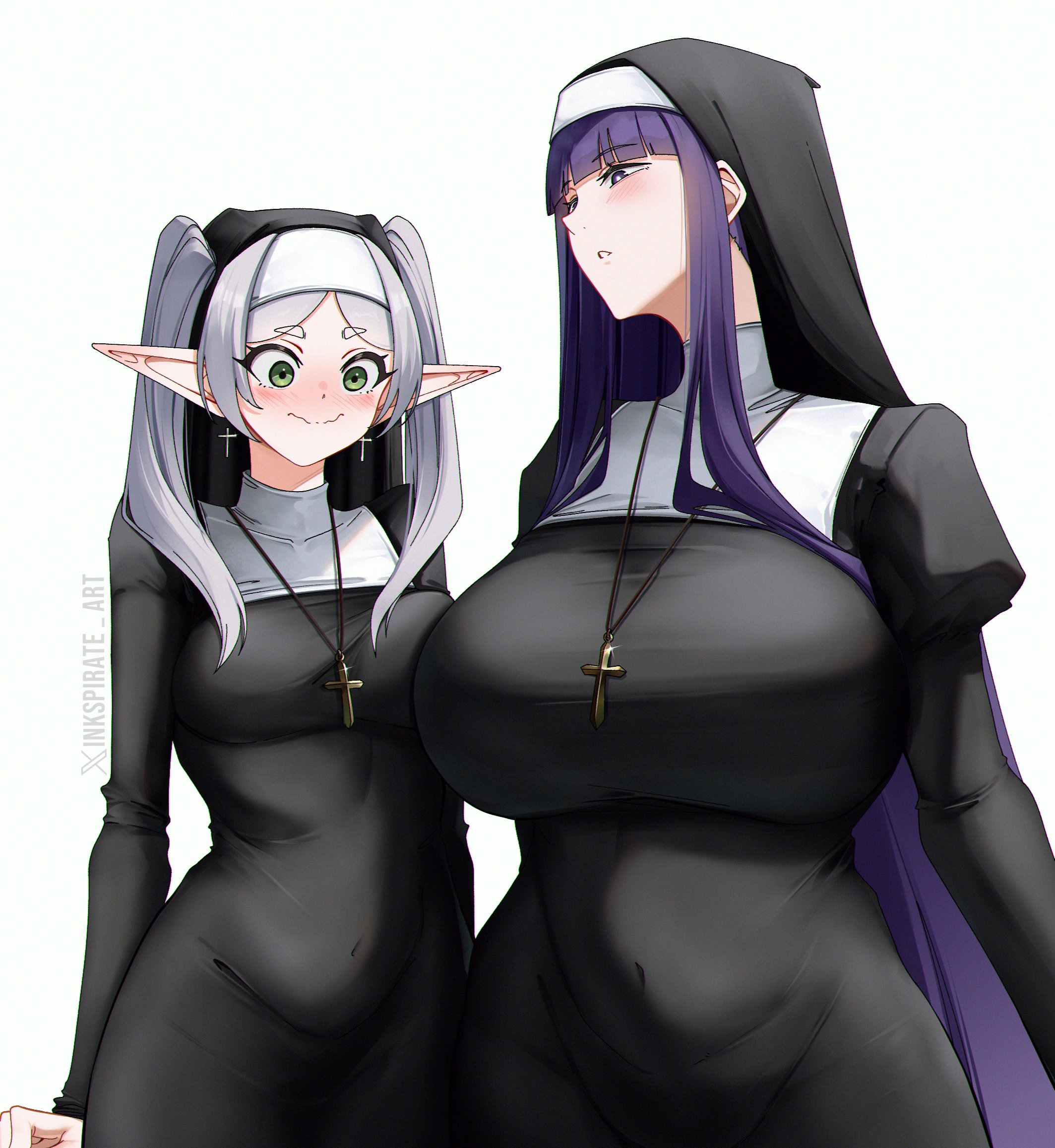 2girls, alternate breast size (larger), alternate costume, artist name, big breasts, blunt bangs, blush, breast awe, breasts, bright pupils, commentary, cross, cross necklace, elf, female, female only, fern (sousou no frieren), frieren, green eyes, grey hair, hair over shoulder, half-closed eyes, highres, huge breasts, impossible clothes, inkspirate, jewelry, large breasts, long pointy ears, meme, mom and her daughter (meme), mother daughter boob envy (meme), multiple girls, necklace, nose blush, nun, parted bangs, pointy ears, purple eyes, purple hair, sousou no frieren, standing, twintails, twitter username, twitter x logo, upper body, white pupils