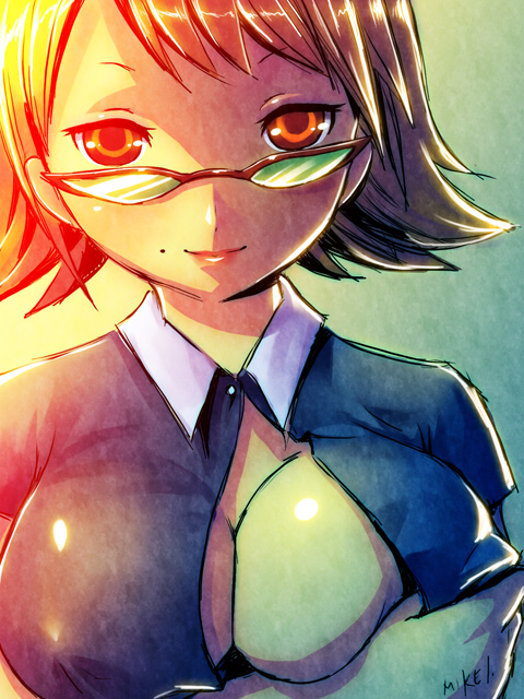 1girls breast_hold breasts cartoon_network cleavage eleanor_butterbean female glasses gradient large_breasts lips manyakis mole red_eyes smile solo straight_hair teacher the_grim_adventures_of_billy_and_mandy uniform