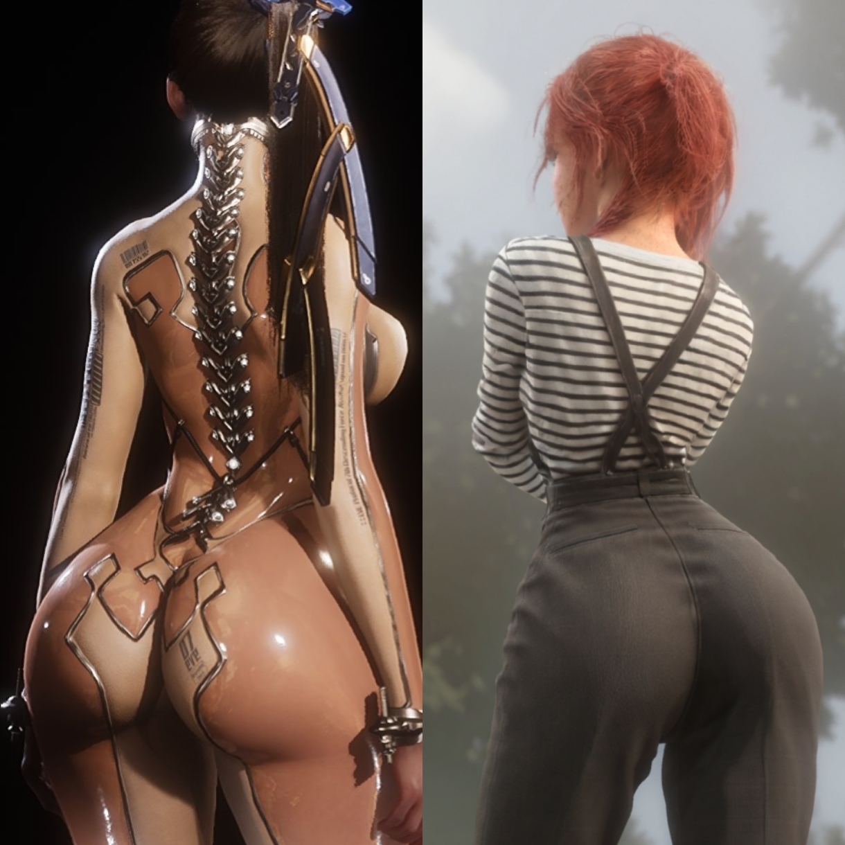 2girls, 3d, back view, big ass, big breasts, bodysuit, clair obscur: expedition 33, comparing, eve (stellar blade), female, female only, flat chest, from behind, fully clothed, maelle (clair obscur: expedition 33), screenshot, skin suit (stellar blade), skin tight, stellar blade, tight clothes, tight clothing