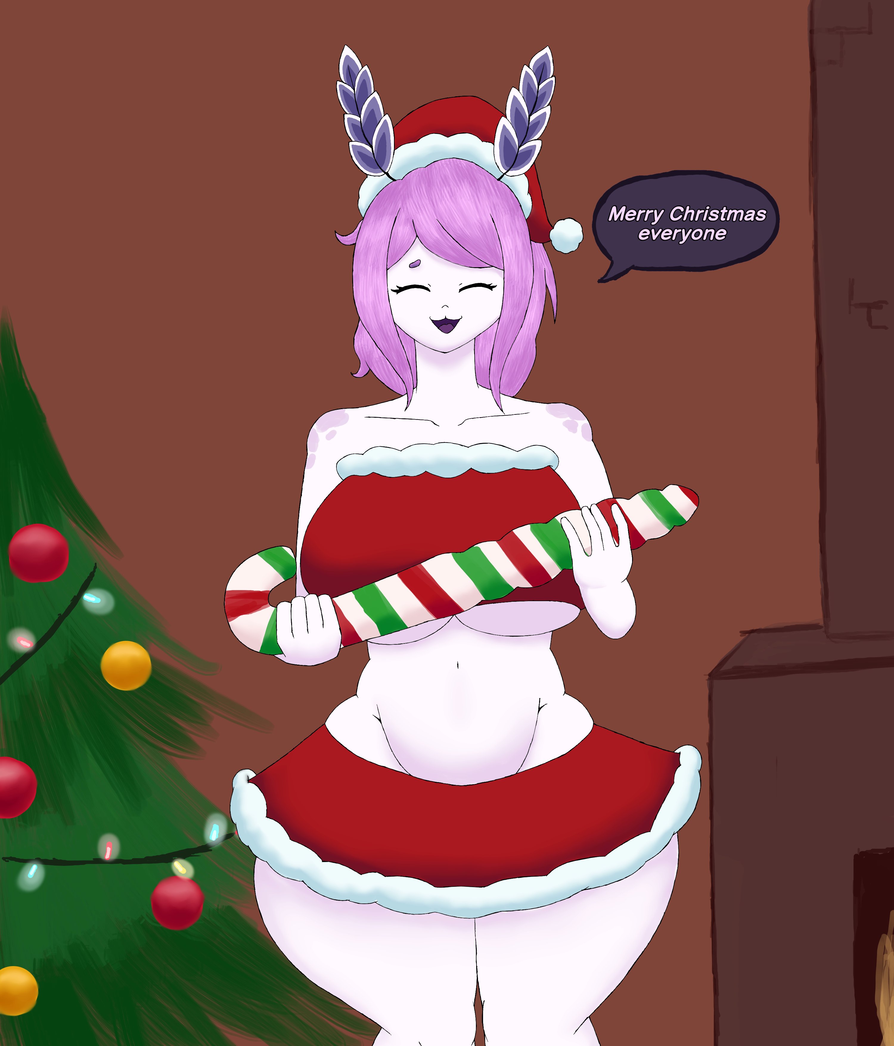 1girls, 2d, breasts covered, candy cane, christmas, christmas hat, christmas outfit, christmas tree, debbie (idiot.jpeg), deep sea bunny (pressure), dialogue, english text, female, female only, lord blackshade 87, midriff, pink hair, pink skin, png, pressure (roblox), red clothing, roblox, roblox game, robloxian, sex toy, skirt, speech bubble, stomach, tagme, talking to viewer, text, thighs, toy, underboob