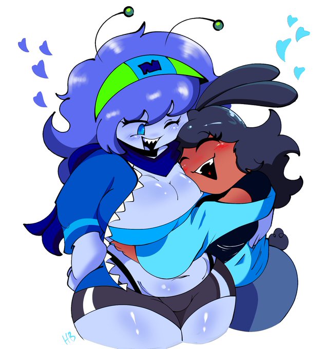 2girls alien_girl antenna bisexual black_hair blue_eyes blue_hair blue_jacket blue_skin bunny_ears bunny_girl cj/hunnybun(hunnybunarts) curvy_figure heart hugging hunnybunarts multiple_girls nikole_(altnitro) oc smile smiling sona voluptuous