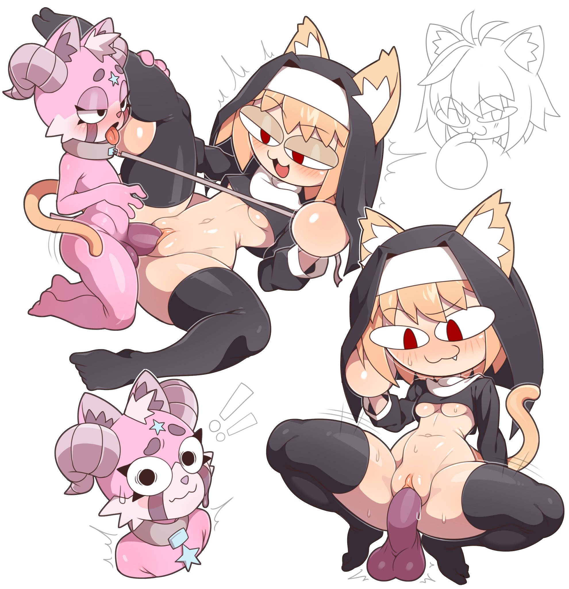 1boy, 1girls, 2025, 2d, balls, blush, breasts, cat ears, cat tail, catgirl, character request, cock, comission, dick, feet, feline, female, furry, horn, horns, light skin, light-skinned female, melty blood, neco-arc, nun, nun outfit, penetration, penis, penis in pussy, pink body, plain background, plankzu, red eyes, sex, straight, straight sex, sweat, sweatdrop, thighhighs, twitter link, underboob, vaginal penetration, white background