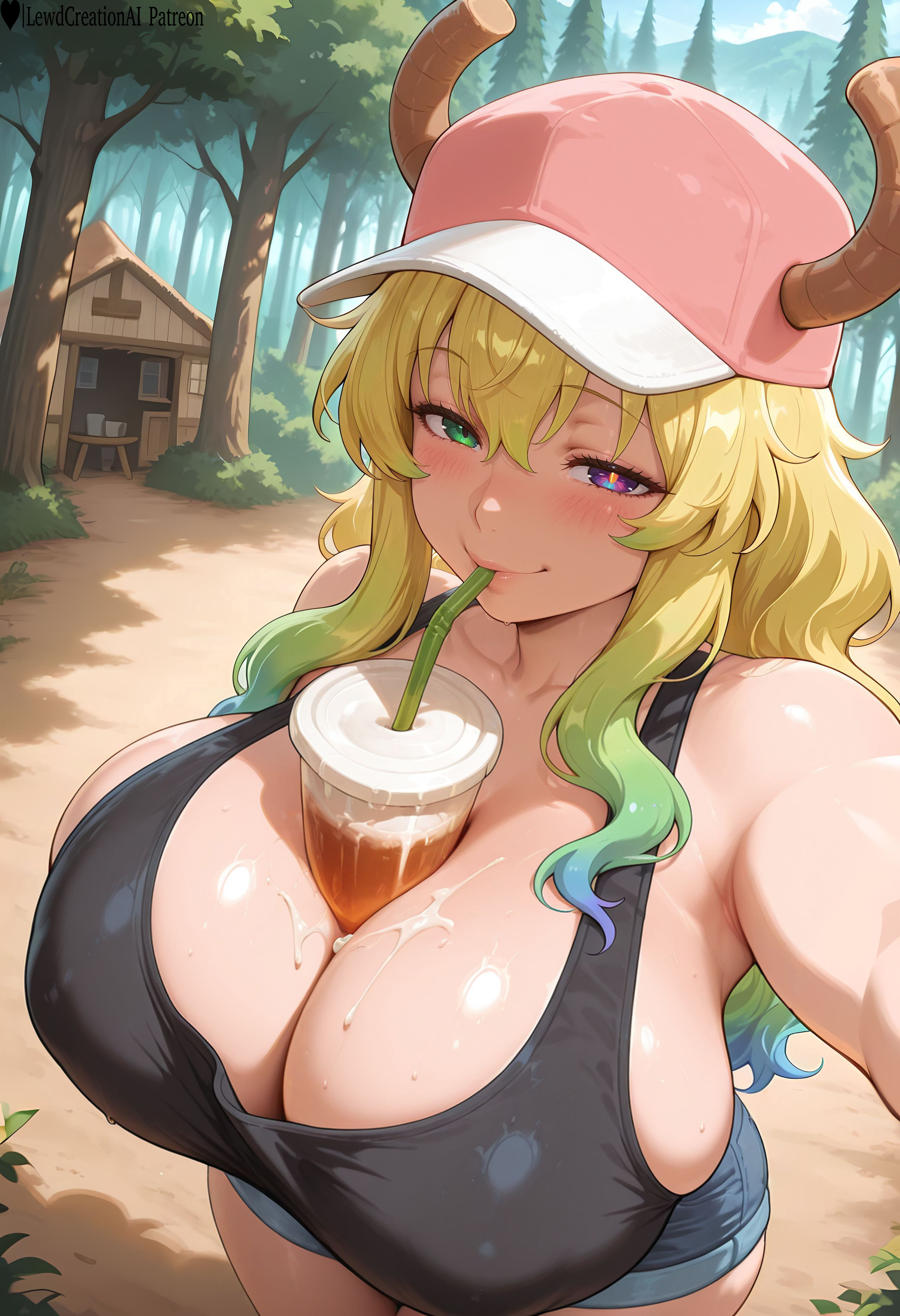 1girls, absurd res, ai generated, armpit, armpit crease, between breasts, big breasts, black tank top, blonde female, blonde hair, blush, blush lines, breasts, bubble tea challenge, cap, covered nipples, curvy, curvy figure, denim shorts, dragon girl, drinking, female, hat, heterochromia, high resolution, highres, huge breasts, kobayashi-san chi no maidragon, lewdcreationsai, light skin, light-skinned female, lucoa, lucoa (maidragon), multicolored hair, quetzalcoatl (dragon maid), selfie, sexually suggestive, smile, smug, solo, solo female, solo focus, stable diffusion, steam, steaming body, steamy breath, straw, sweat, sweatdrop, sweating, sweaty, tagme, thick, thick legs, thick thighs, thighs