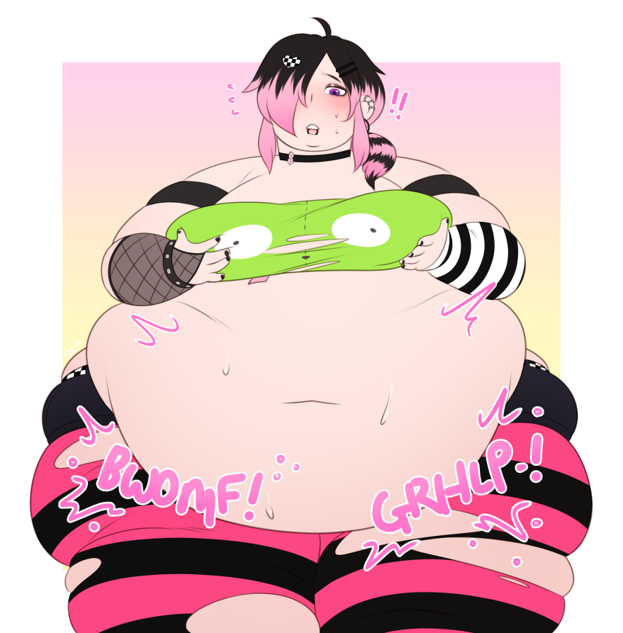 1boy big_ass big_breasts breasts bubble_butt choker chumb0ii emo femboy fishnet_gloves gir_(invader_zim) gloves huge_ass moobs overweight shocked_expression tagme tearing_clothes thick_thighs torn_clothes weight_gain wide_hips