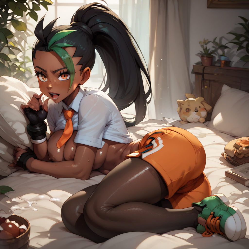 1girls ai_generated ass cum dark_skin exposed_breasts feet female female_only from_behind game_freak human multicolored_hair nemona_(pokemon) nikk_ai pokemon school_uniform solo