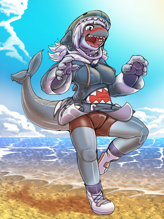 2024 5_fingers alternate_species anthro beach biped blue_eyes blue_sky blush bottomwear breasts camel_toe claws clothed clothed_anthro clothed_female clothing cloud day detailed_background digital_media_(artwork) female finger_claws fingers fish footwear front_view furrification gawr_gura hair hololive hololive_en hololive_english hololive_myth hoodie kitsune_youkai looking_at_viewer marine nipples_outline one_leg_up open_mouth outside raised_leg red_tongue sand sea seaside shark sharp_teeth shoes shorts sky solo standing tail teeth tongue topwear virtual_youtuber vtuber water white_clothing white_footwear white_hair white_shoes