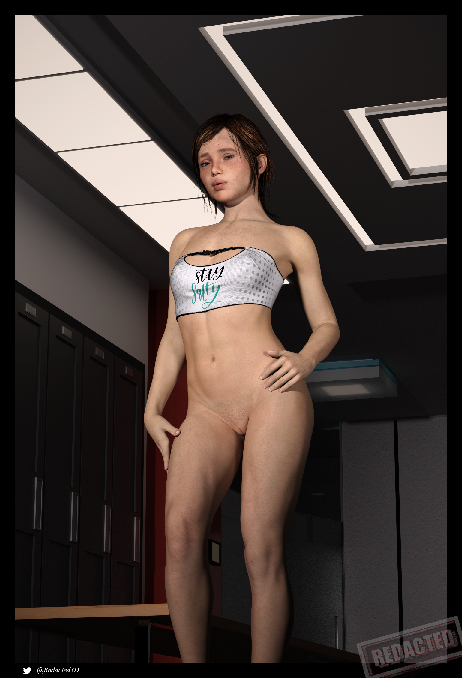 1girls, 3d, athletic, athletic female, blush, blushing, bottomless, breasts, brown eyes, brown hair, daz studio, ellie (the last of us), ellie williams, female, female focus, freckles, long hair, naughty dog, navel, pose, posing, pubic stubble, pussy, redacted3d, render, seductive, seductive eyes, seductive look, shaved pussy, small breasts, solo, solo female, standing, the last of us, tied hair, vagina
