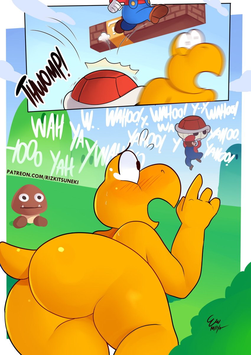 1boy anthro artist_name ass ass_focus big_ass black_eyes blue_sky blush cloud comic day embarrassed english_language english_text fallen_down femboy fleeing flying_sweatdrops from_behind girly goomba grass huge_ass jumping koopa koopa_troopa large_ass lying male male_only mario mario_(series) nintendo nose_blush nude open_mouth outdoors pearltearizzy rizkitsuneki scalie shell shiny shiny_skin signature sky solo speech_bubble standing surprised tail tears text thick_thighs thighs turtle wide_hips