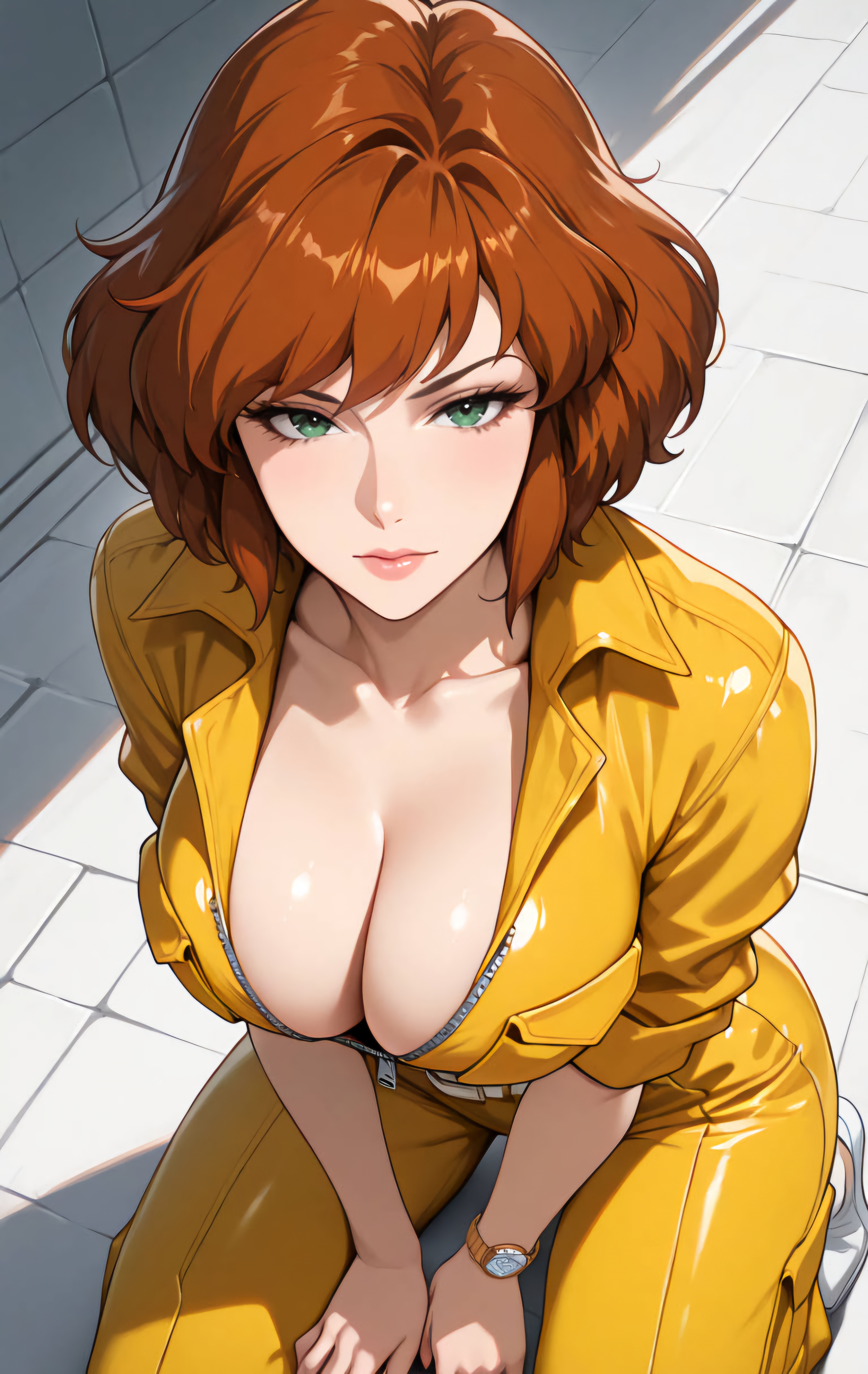 ai generated, alternate breast size, april o'neil, april o'neil (tmnt 1987), big breasts, breasts, cleavage, eepol, female, large breasts, tagme, teenage mutant ninja turtles, teenage mutant ninja turtles (1987), tmnt 1987, yellow jumpsuit