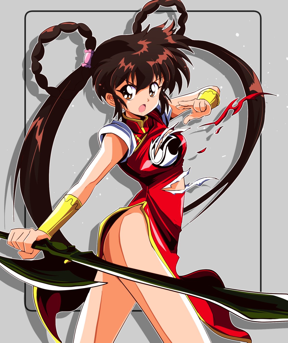 1girls 2022 ass big_ass big_breasts breasts brown_eyes brown_hair busty chinese_clothes devil_hunter_yohko fighting_stance from_side highres large_breasts legs looking_at_viewer open_mouth retro_artstyle sakurajyousui_nami sensual serious solo sword thighs torn_clothes twintails weapon yohko_mano