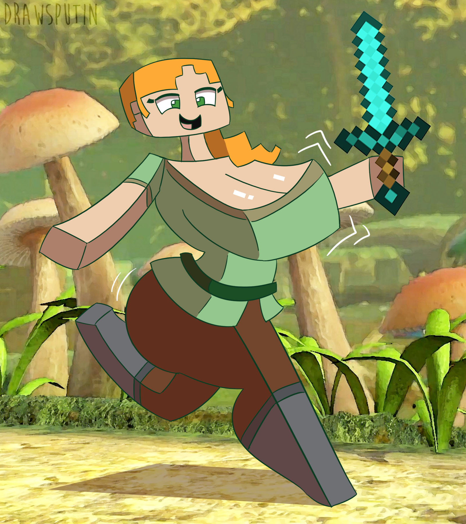 alex (minecraft), breasts, breasts bigger than head, cleavage, cubic breasts, drawsputin, female, green eyes, hips, huge breasts, large breasts, minecraft, nintendo, orange hair, running, super smash bros., super smash bros. ultimate, sword, thick thighs, thighs, wide hips