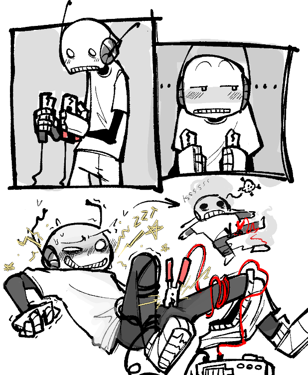 blush blush_lines clothed comic eggbotnic electrostimulation featureless_crotch intrusive_thoughts male onomatopoeia orgasm_face ouch pants_around_one_leg pants_down robot shoes sitting_on_floor