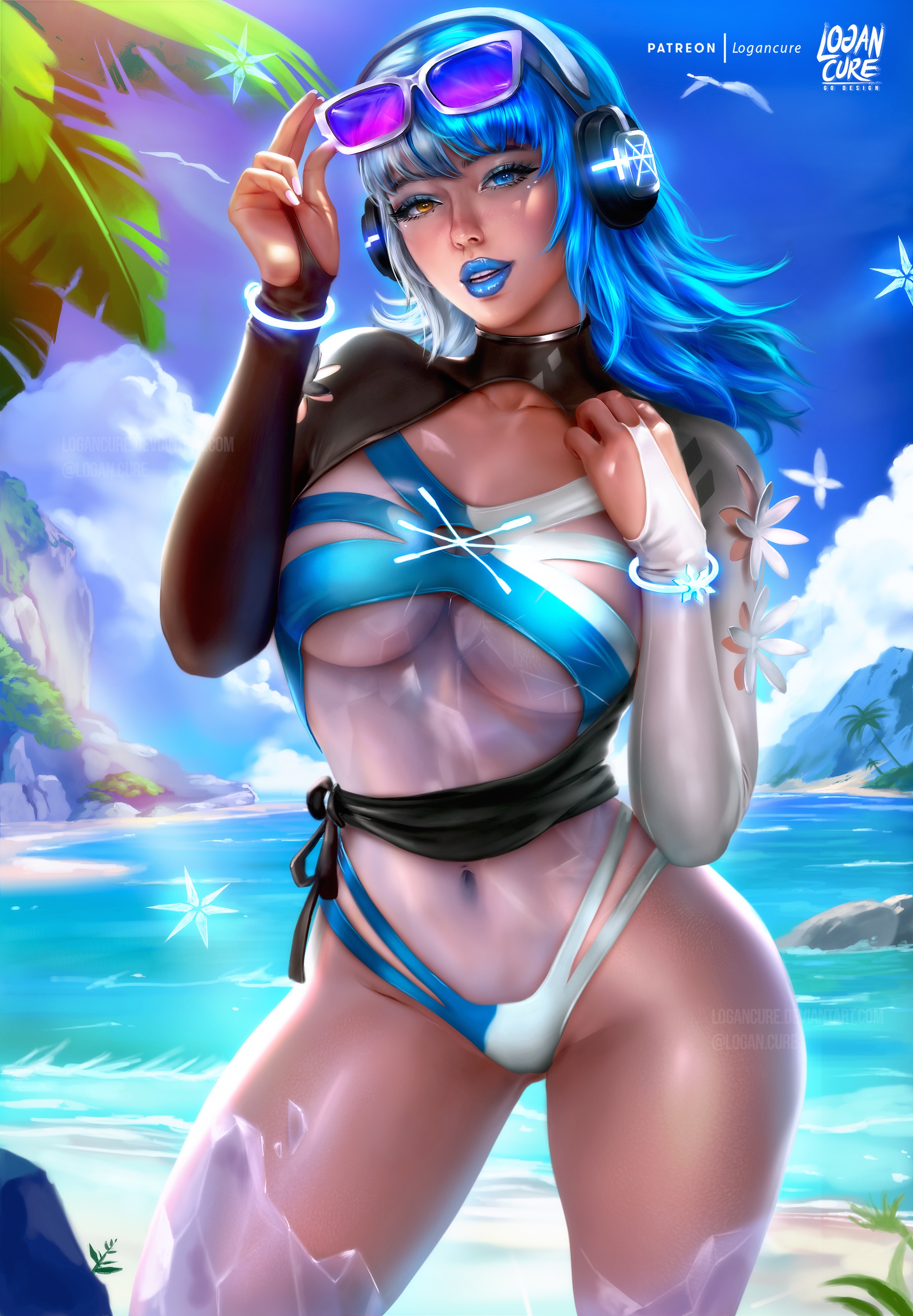 1girls, blue lipstick, breasts, female, female only, headphones, heterochromia, hi res, large breasts, light skin, light-skinned female, lipstick, logan cure, looking at viewer, luna snow, luna snow (cool summer), luna snow (marvel rivals), marvel, marvel comics, marvel rivals, swimsuit, thick thighs, thighs, white background, wide hips