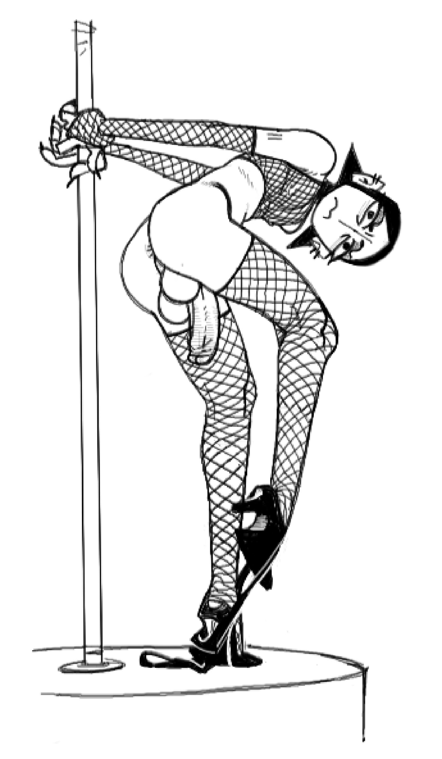 1boy 2024 2d 2d_(artwork) balls big_ass black_hair danoosecallin feminine fishnet_armwear fishnet_legwear fishnet_stockings fishnet_topwear fishnets flaccid_penis gay heels long_legs nervous painted_nails pole skinny standing thong undressing