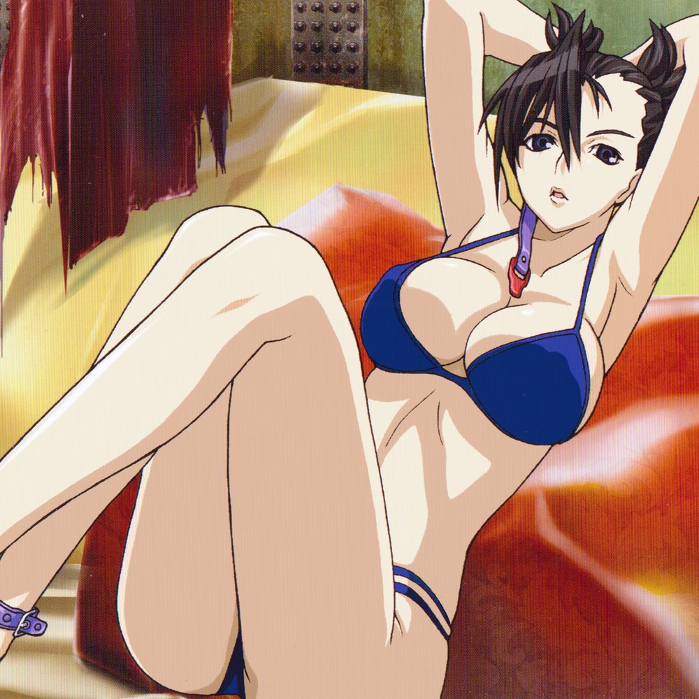 1girls armpits arms_behind_head bakuretsu_tenshi big_breasts bikini black_hair blue_bikini blue_eyes breasts busty cleavage crossed_legs female female_only highres large_breasts legs lips looking_at_viewer official_art ponytail pose posing puckered_lips scan sei_(bakuretsu_tenshi) sensual sexy_armpits solo swimsuit thighs