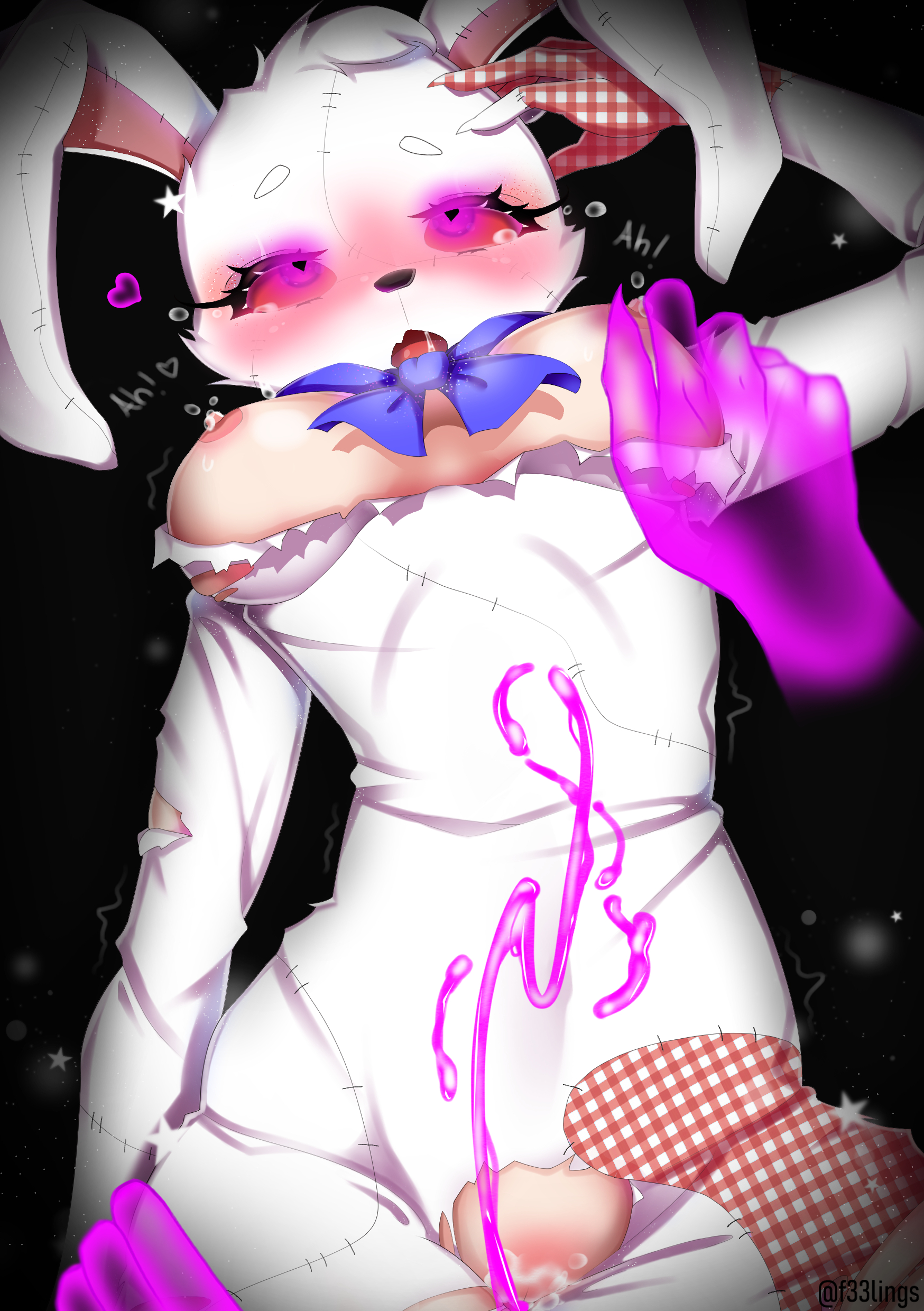 ahe gao, breasts, cum, f33lings, female, five nights at freddy's, five nights at freddy's: help wanted, five nights at freddy's: security breach, glitchtrap, glitchtrap possession, hand on hip, heart-shaped pupils, human, lactation, nipple pinch, purple cum, ripped clothing, rolling eyes, small breasts, straight, vanessa (fnaf), vanny (fnaf), william afton