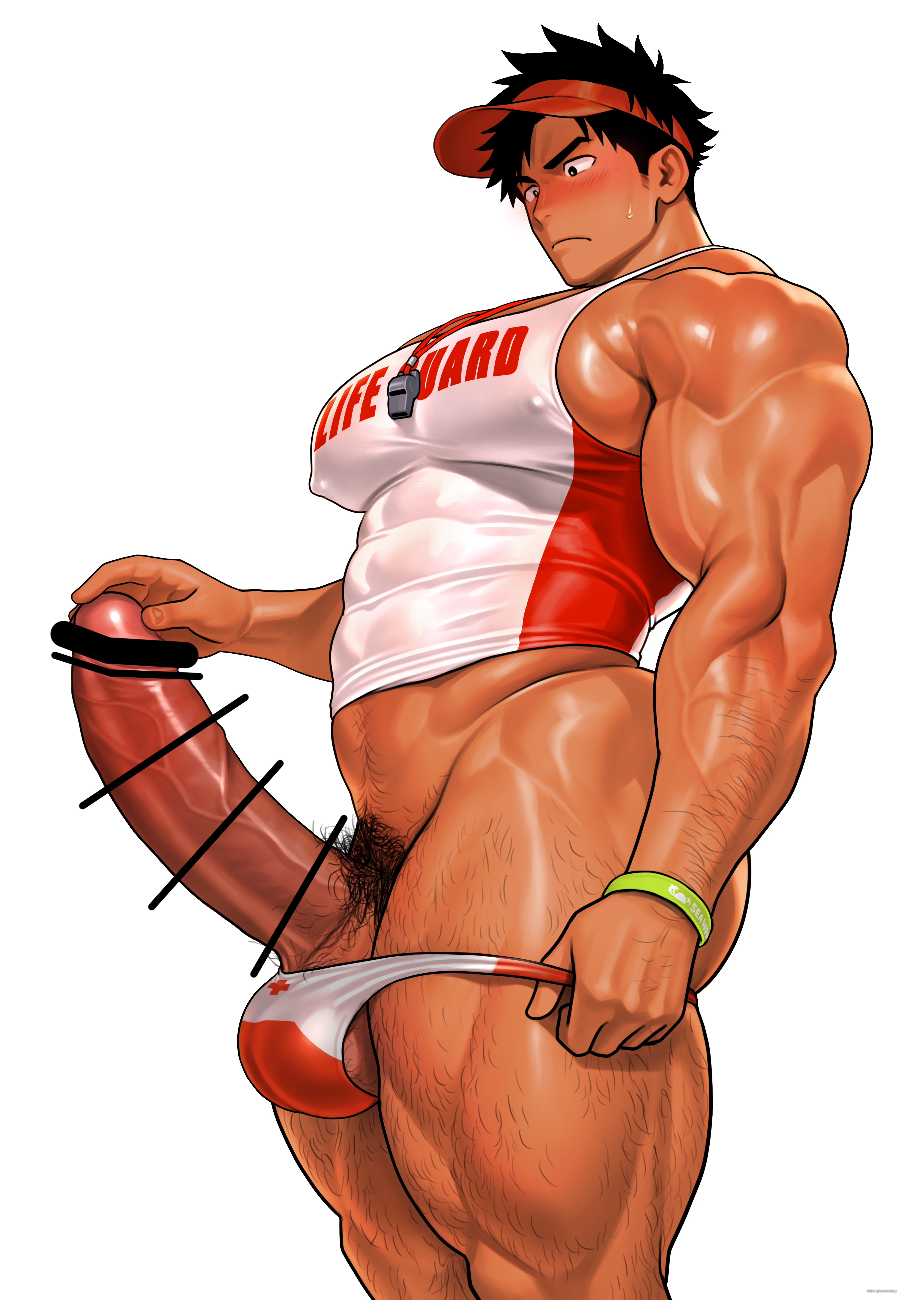 2025, abs, balls, bara, biceps, big muscles, big pecs, big penis, blush, bodybuilder, boner, censored, erection, gay, gay male, highres, huge balls, huge cock, kuromine hiraya, male, male only, muscles, muscular, muscular male, muscular thighs, pecs, penis, solo, solo male, tan skin, thick thighs, veiny muscles, yaoi, yuatari