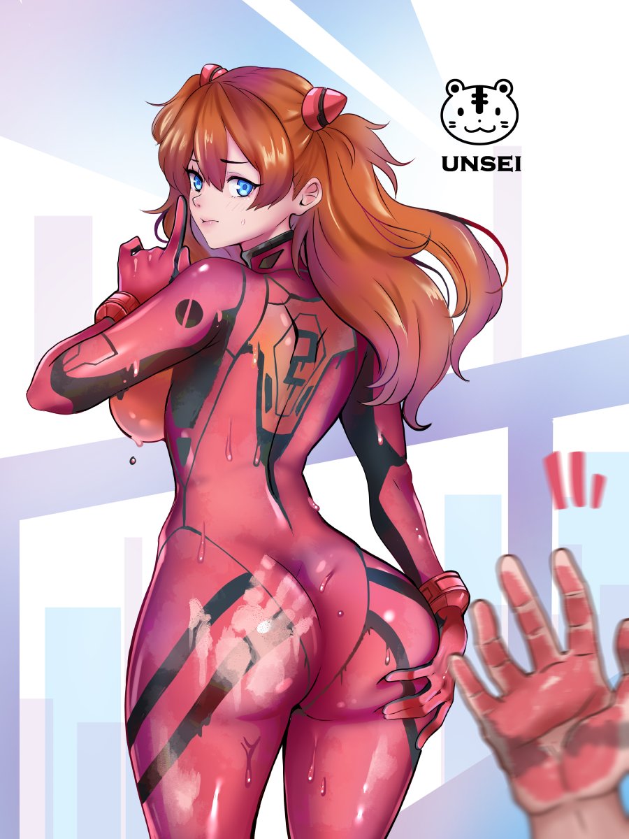 1boy 1girls artist_name ass asuka_langley_sohryu big_ass big_breasts blue_eyes bodypaint bodysuit breasts brown_hair busty curvy fat_ass female finger_to_mouth grabbing_own_ass hand_on_ass hand_on_own_ass highres large_breasts legs long_hair looking_at_viewer looking_back male neon_genesis_evangelion painted_clothes pink_lips plugsuit shushing spank_marks spanked spanked_mark sweat thighs twintails