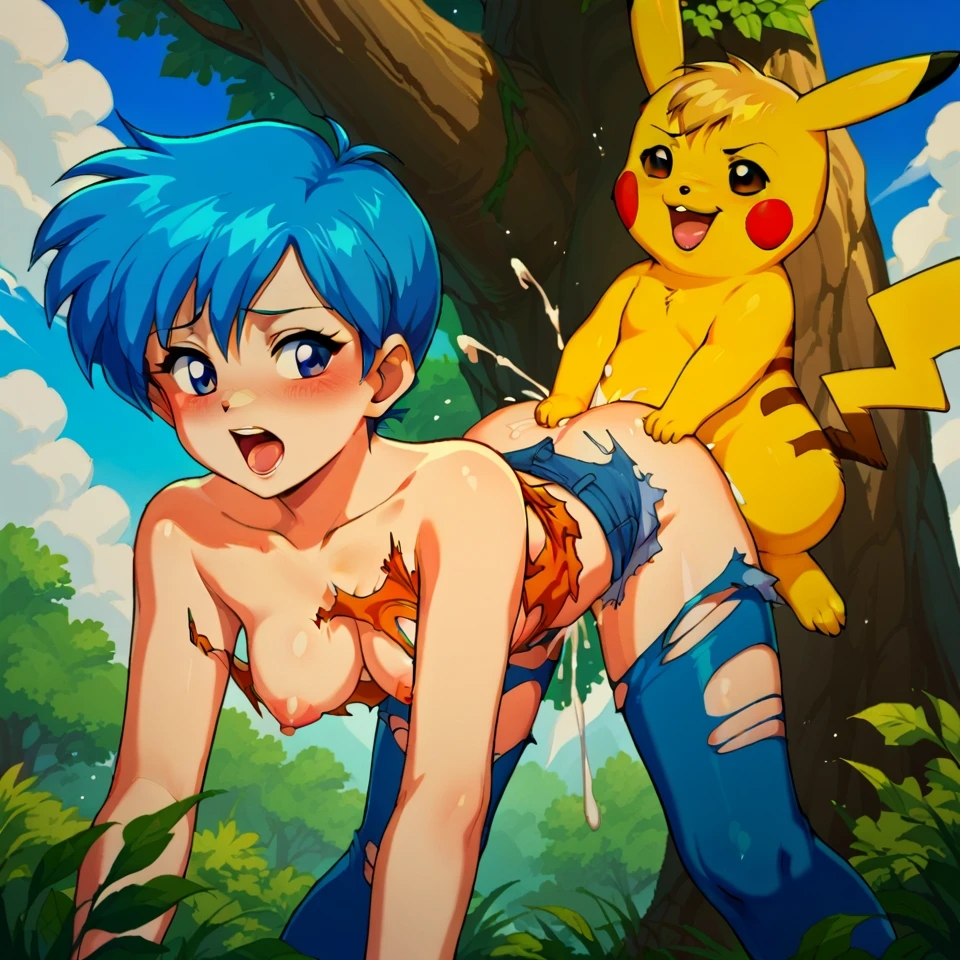 ai_generated blue_hair cut_hair cute forest girl hair_cut haircut interspecies male_pokemon/female_human pikachu pokemon pokemon_(species) pokephilia rape sex sex_from_behind torn_clothes violation zoophilia