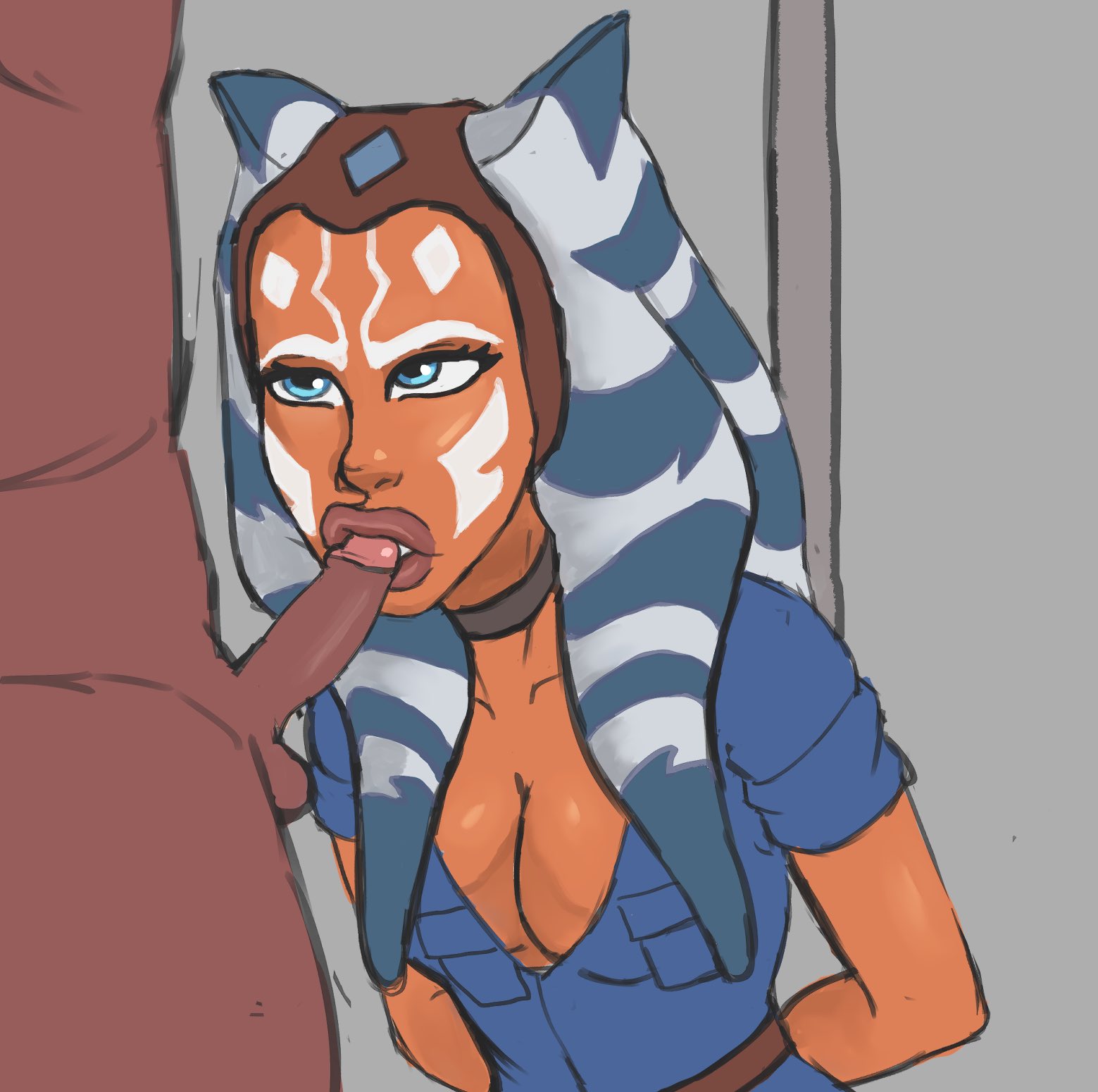 1boy, 1girls, 2d, ahsoka tano, alien, alien girl, alien humanoid, arms behind back, big lips, blowjob, blue eyes, breasts, choker, cleavage, clone wars, clothed, clothing, color, dark skin, dark-skinned male, duo, erection, fellatio, female, grey background, horn, humanoid, interspecies, jumbogumbo, jumpsuit, kneeling, male, neckwear, nude, oral, oral penetration, oral sex, orange skin, overalls, penis, puffy lips, side view, simple background, star wars, straight, the clone wars: season seven, thick lips, togruta