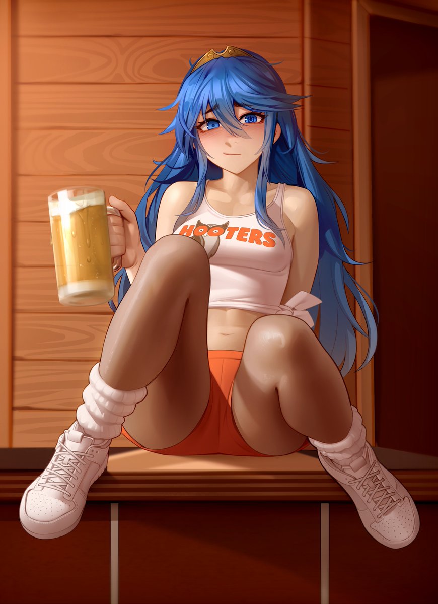 1girls alcohol alternate_costume bare_legs beer beer_mug blue_eyes blue_hair blush breasts commission cup female female_only fire_emblem fire_emblem_awakening full_body holding holding_cup hooters kairuhentai kairunoburogu knees_up legs long_hair looking_at_viewer lucina_(fire_emblem) medium_breasts messy_hair micro_shorts mug nintendo orange_shorts pantyhose shirt shorts sitting sleeveless sleeveless_shirt socks solo symbol-shaped_pupils very_long_hair waitress white_footwear white_shirt white_socks