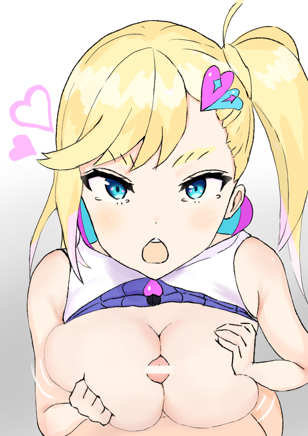 1boy, areolae, asymmetrical hair, bangs, blonde hair, blue eyes, breast squeeze, breasts, censor bar, censored, covering nipples, female, hair ornament, heart hair ornament, large breasts, long hair, looking at viewer, male, minerva (re:zero), nipples, open mouth, paizuri, paizuri lead by female, parted bangs, penis, ponytail, re:zero kara hajimeru isekai seikatsu, side ponytail, straight, tied hair
