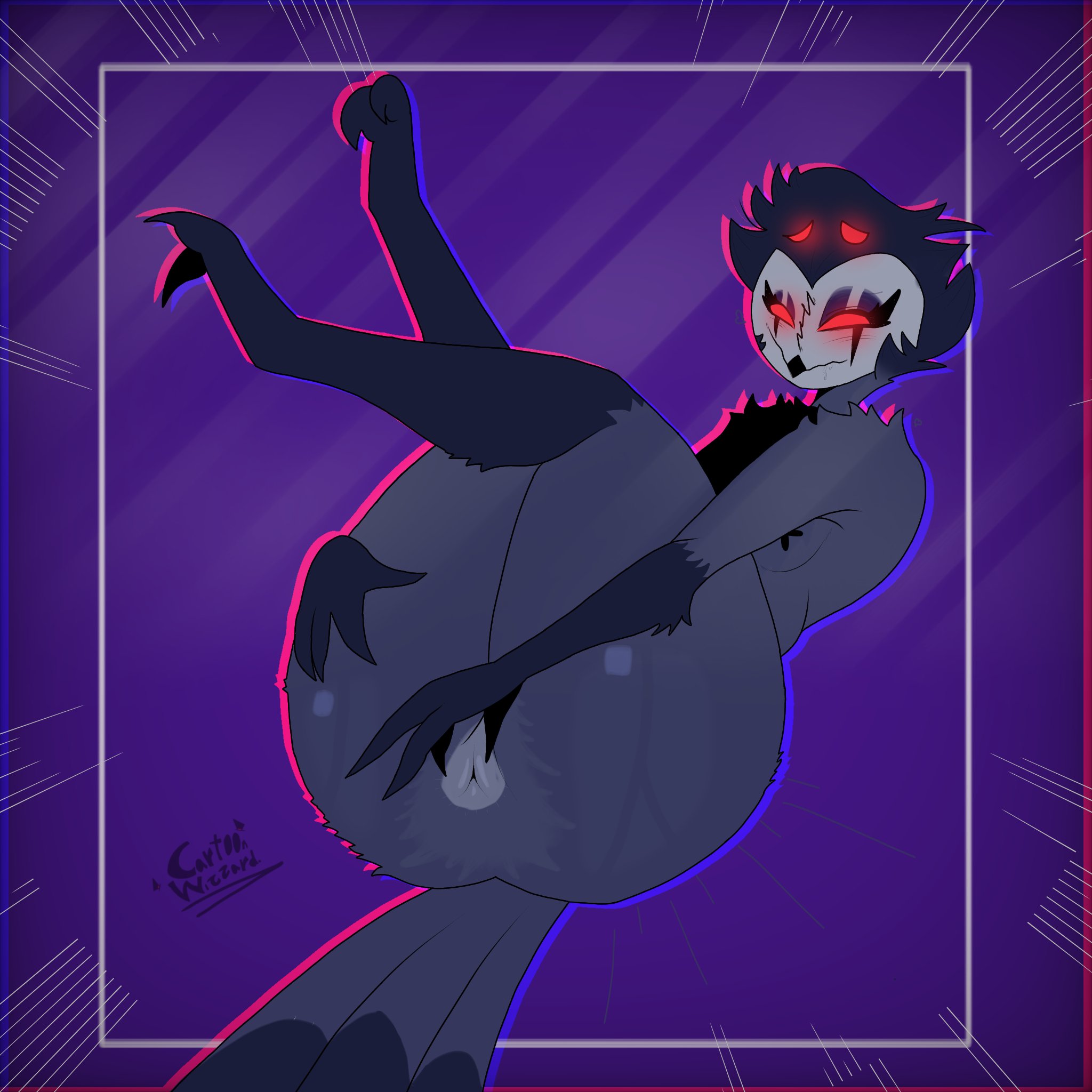 anthro, ass, avian, avian humanoid, big ass, big breasts, big butt, breasts, cartoonwizzard, feathers, female, goth, gothic, helluva boss, male, nipples, nipples covered, owl, owl demon, pervert male, showing ass, stolas (helluva boss)