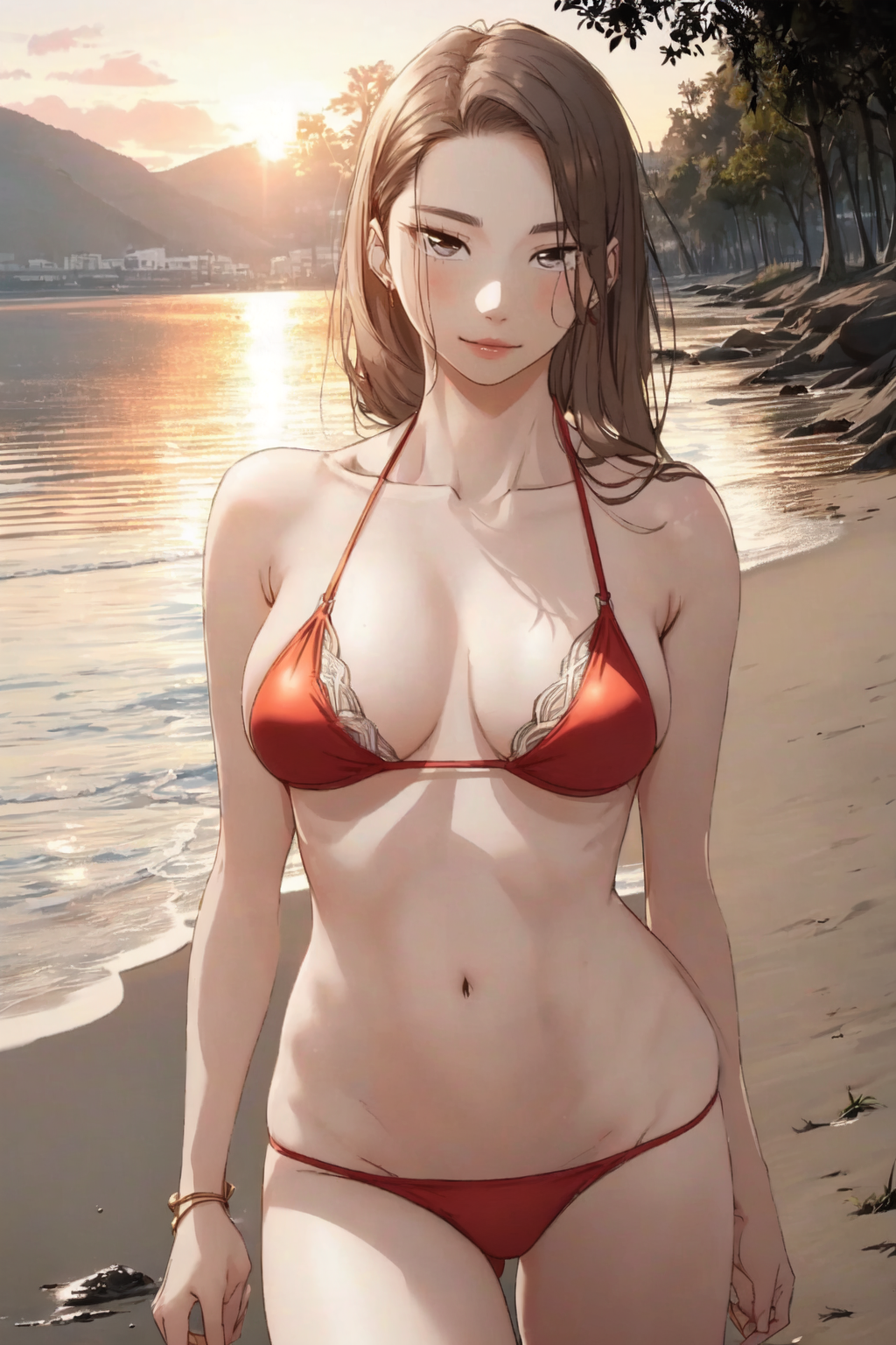 ai_generated beach bikini breasts brown_eyes brown_hair cleavage curvaceous curvaceous_body curvaceous_female curvy curvy_body curvy_figure female looking_at_viewer manhwa mountain mountainous_horizon red_bikini rural sand seashell smiling_at_viewer solo stable_diffusion sunset water young_boss