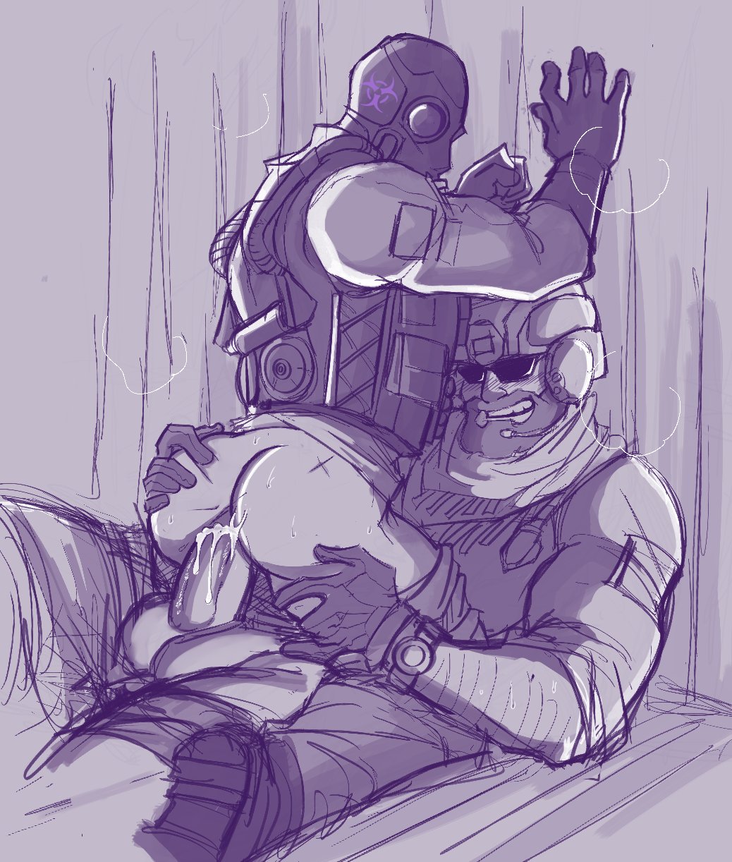 2boys anal blackbeard_(rainbow_six) blush clothed clothed_sex corner cowgirl_position crack_pairing crack_ship creampie cum cum_in_ass cum_inside gas_mask gay hand_on_butt helmet male_only military military_uniform pants_down rainbow_six rainbow_six_siege riding riding_penis scars smile smoke_(rainbow_six) sunglasses teeth_showing yaoi