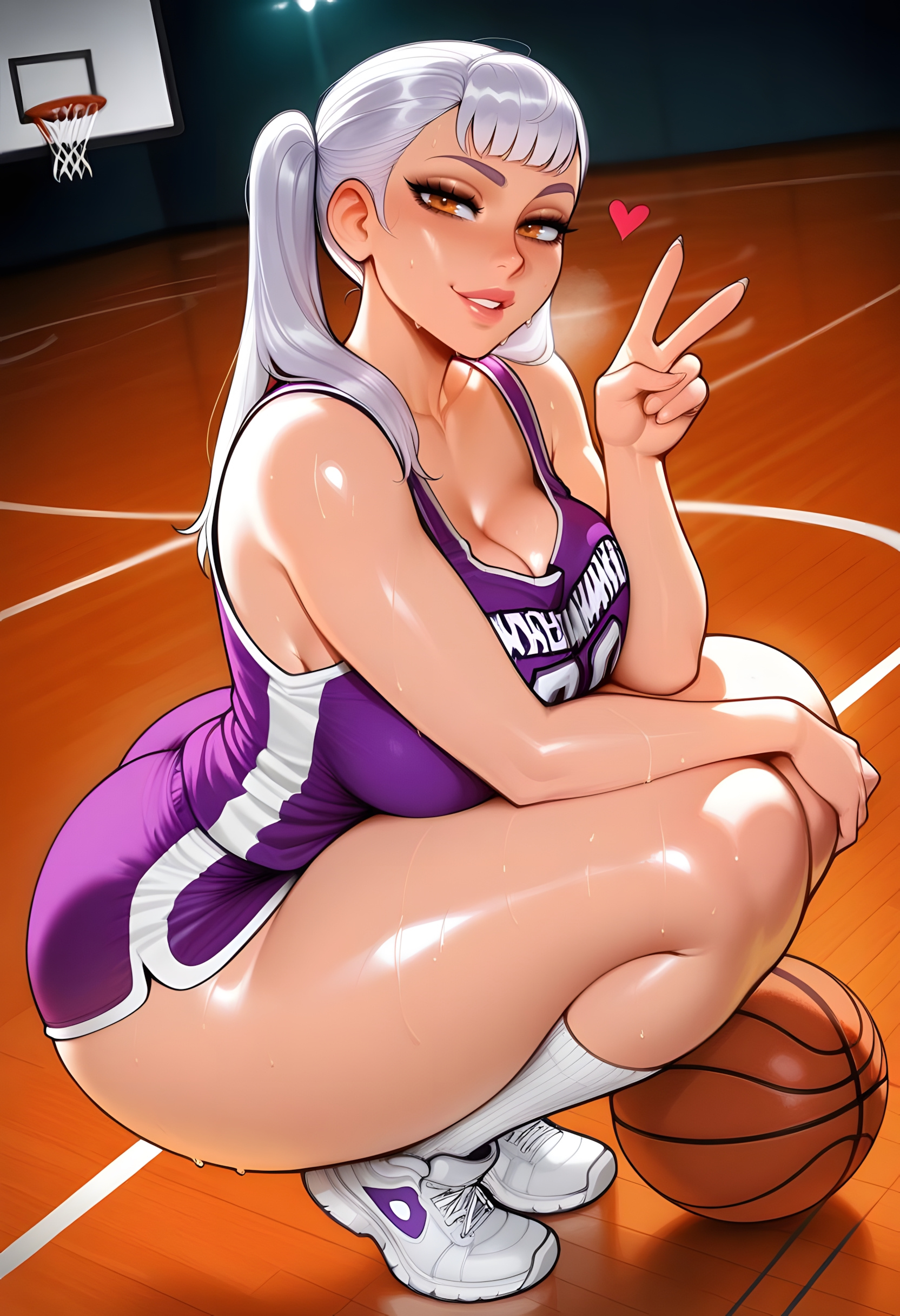 1girls, ai generated, basketball, basketball uniform, big ass, big breasts, big butt, black clover, dreamcoreart, female, female only, huge breasts, huge butt, noelle silva, solo, thick ass, thick butt, thick legs, thick thighs, white hair